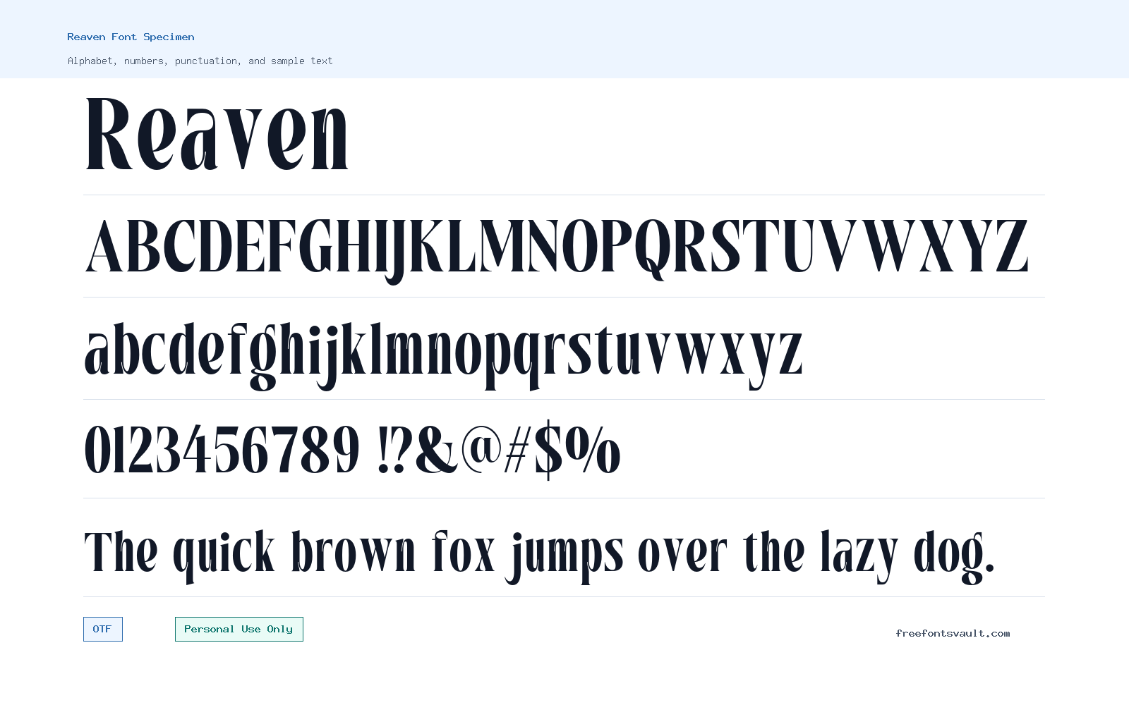 Reaven font specimen showing alphabet, numbers, and sample text