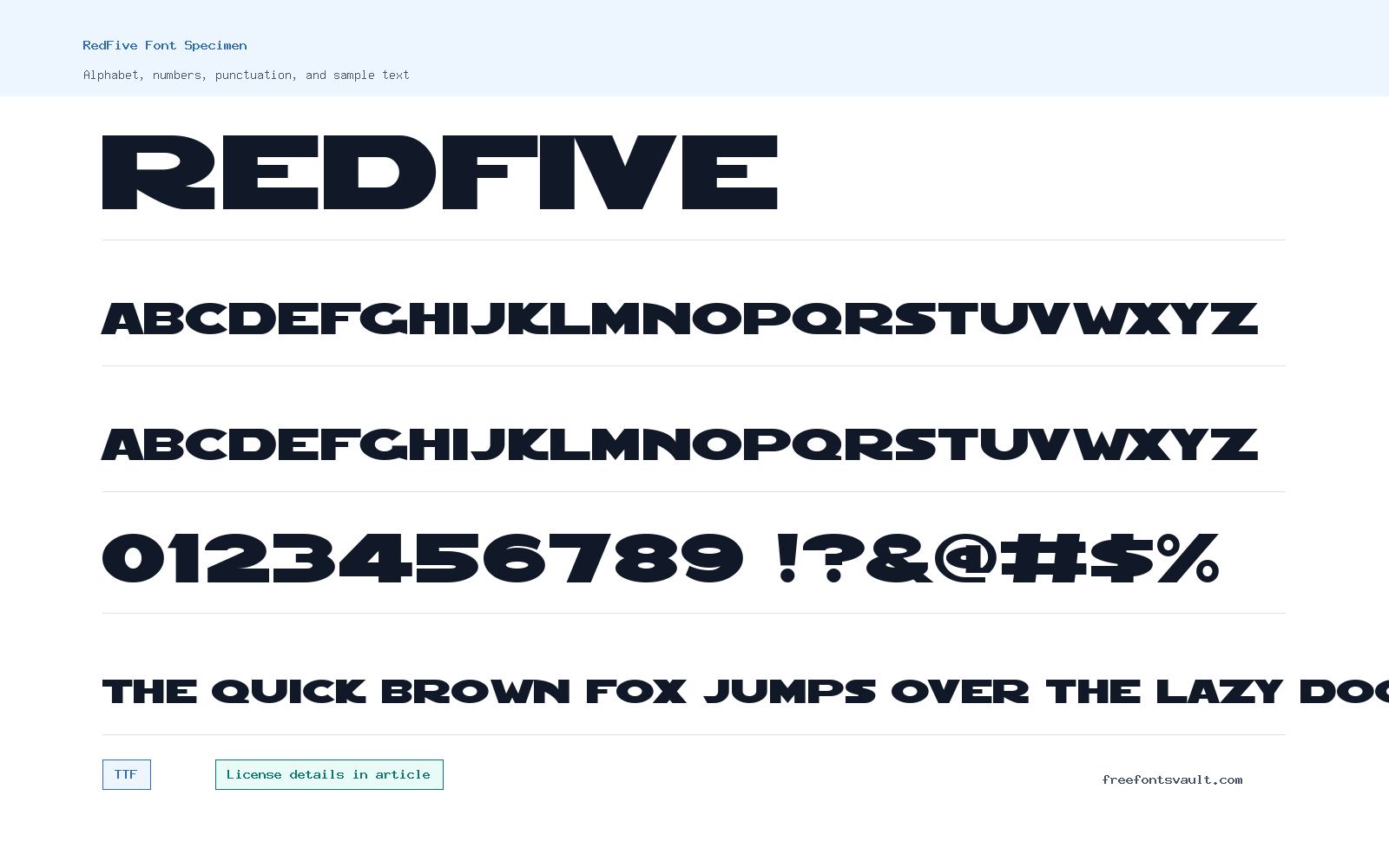 RedFive font specimen showing alphabet, numbers, and sample text