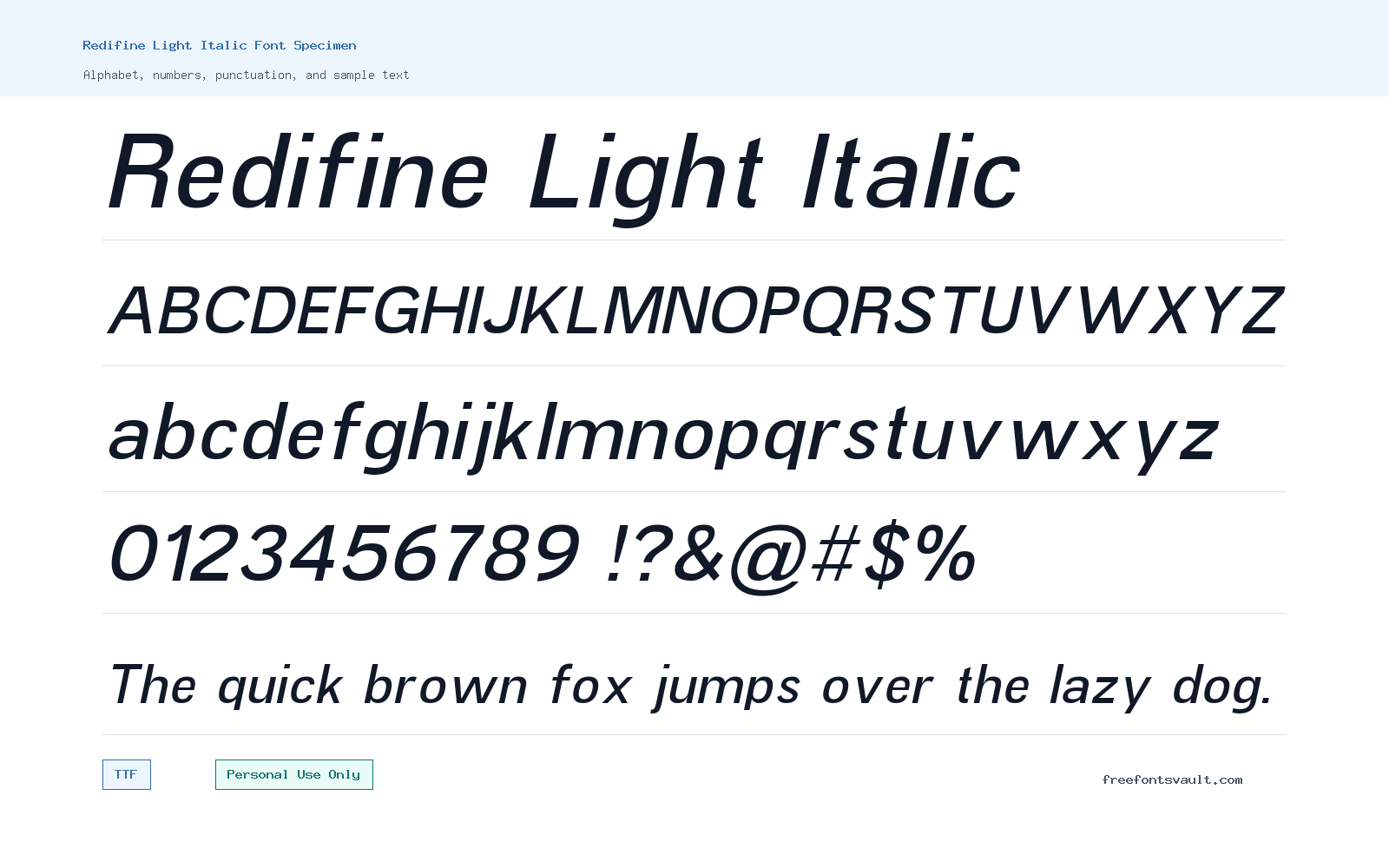 Redifine Light Italic font specimen showing alphabet, numbers, and sample text