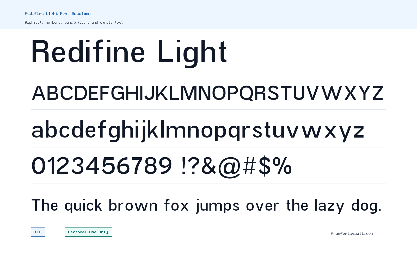 Redifine Light font specimen showing alphabet, numbers, and sample text