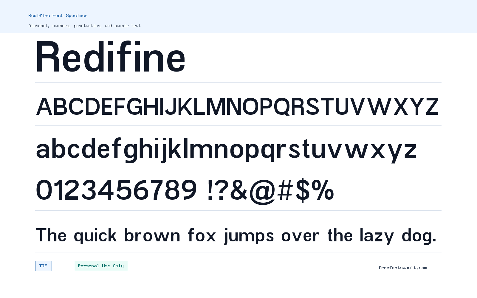 Redifine font specimen showing alphabet, numbers, and sample text