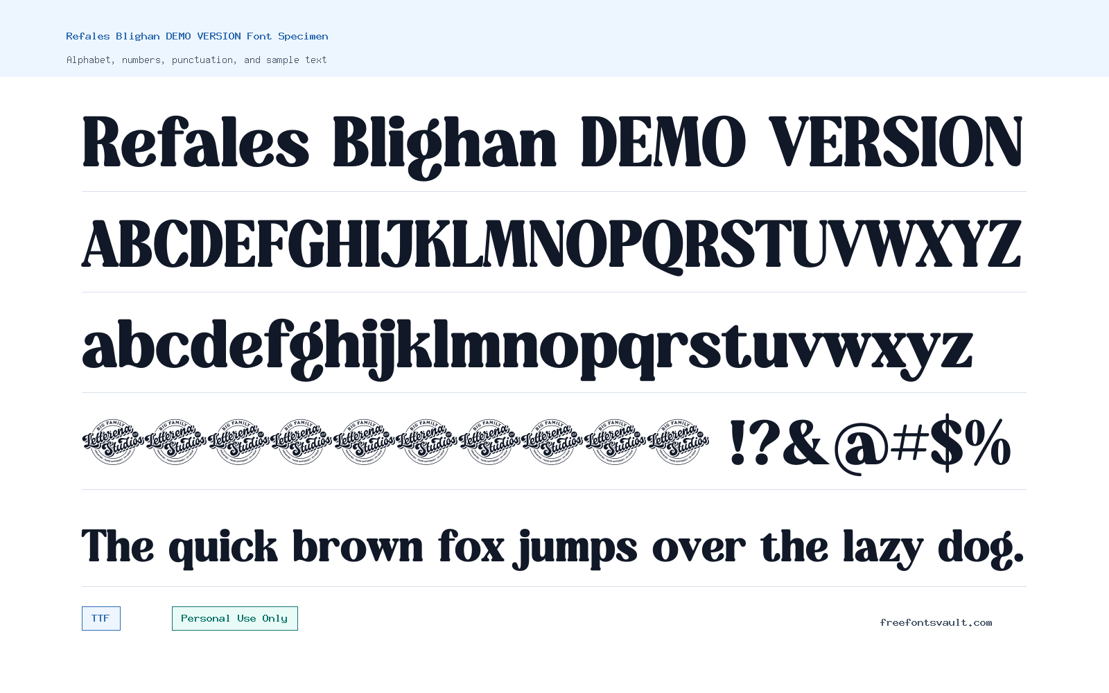 Refales Blighan DEMO VERSION font specimen showing alphabet, numbers, and sample text