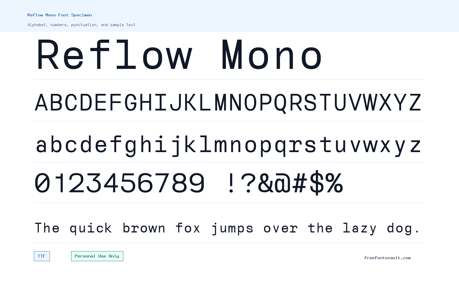 Reflow Mono font specimen showing alphabet, numbers, and sample text