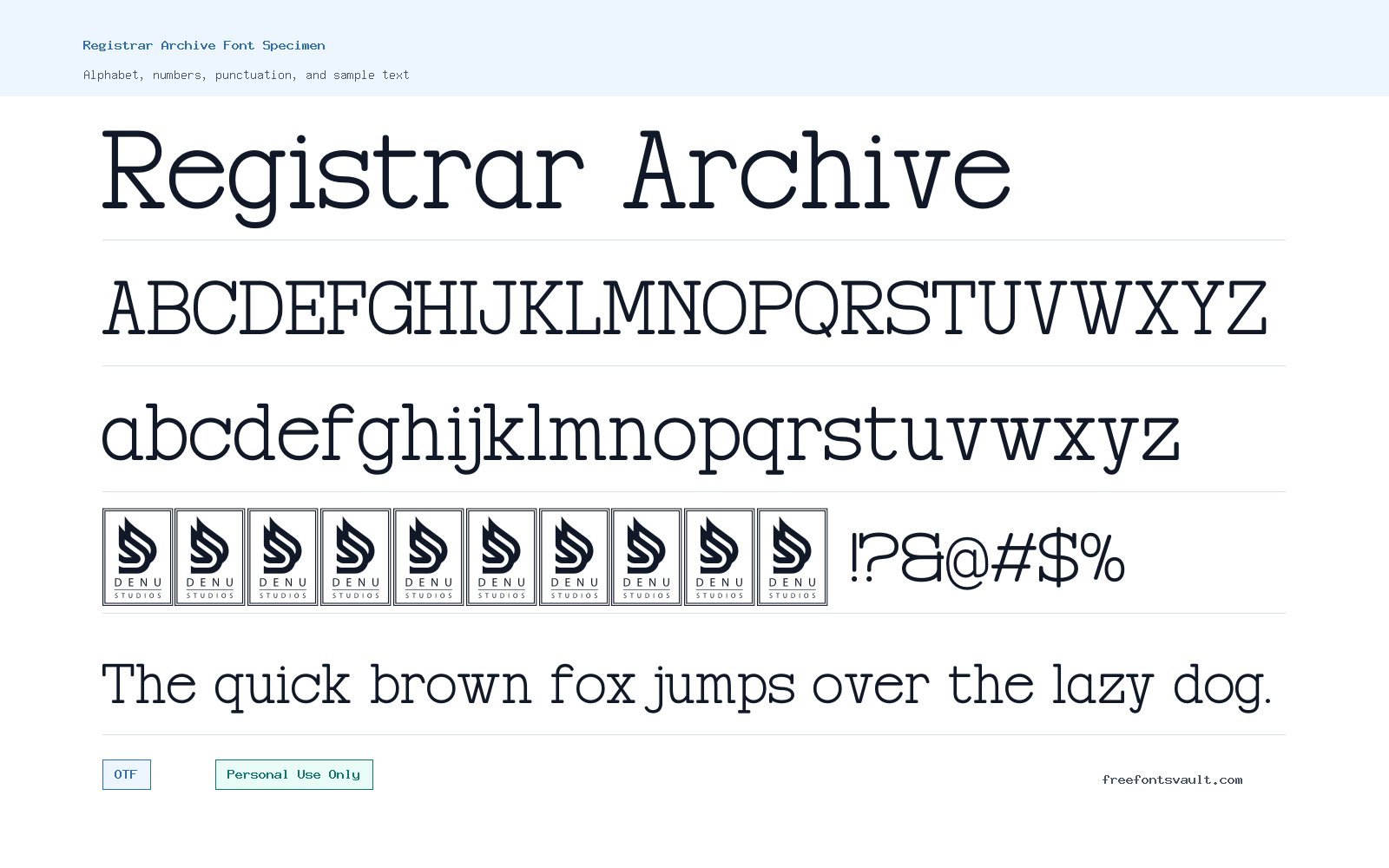 Registrar Archive font specimen showing alphabet, numbers, and sample text