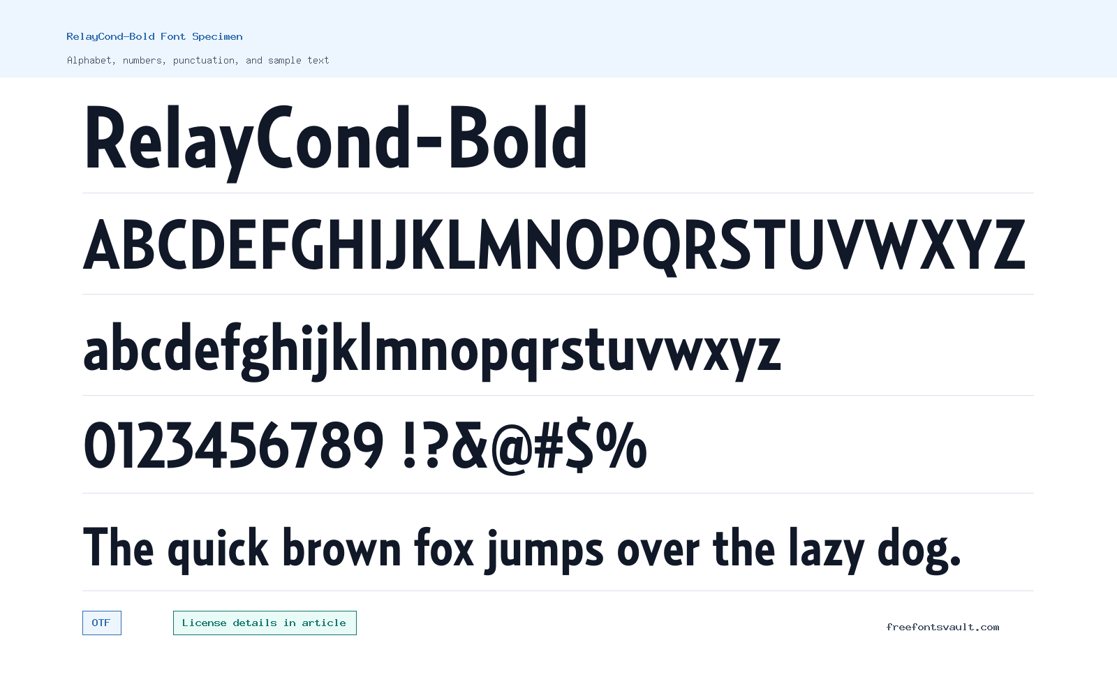 RelayCond-Bold font specimen showing alphabet, numbers, and sample text