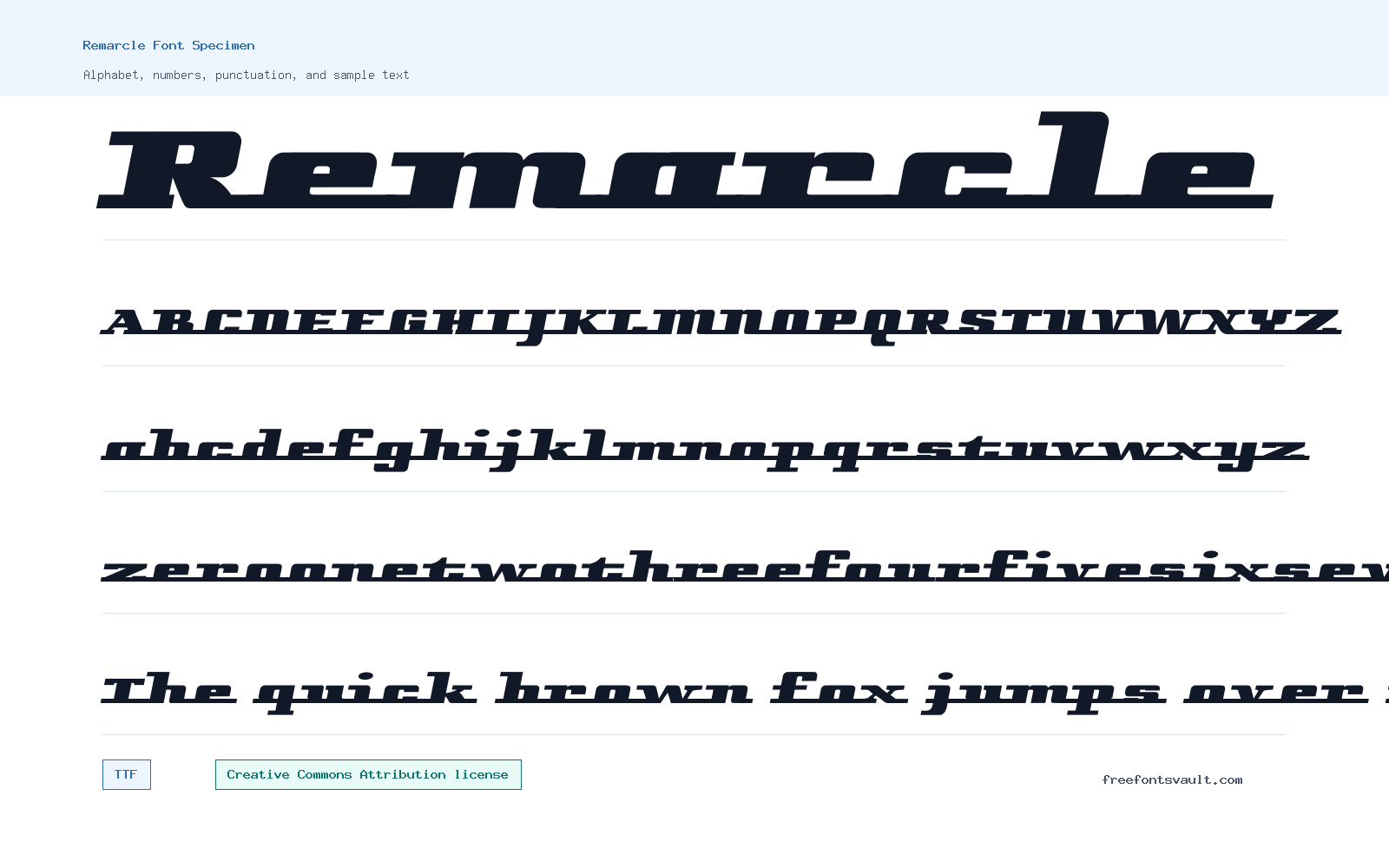 Remarcle font specimen showing alphabet, numbers, and sample text