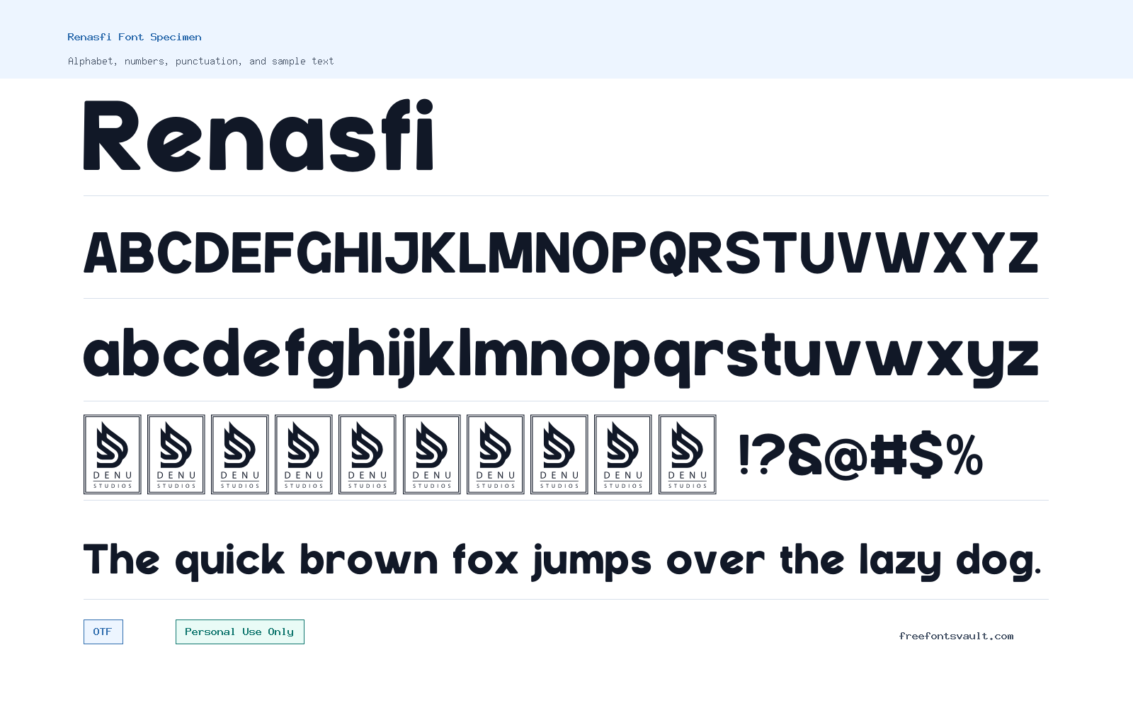 Renasfi font specimen showing alphabet, numbers, and sample text