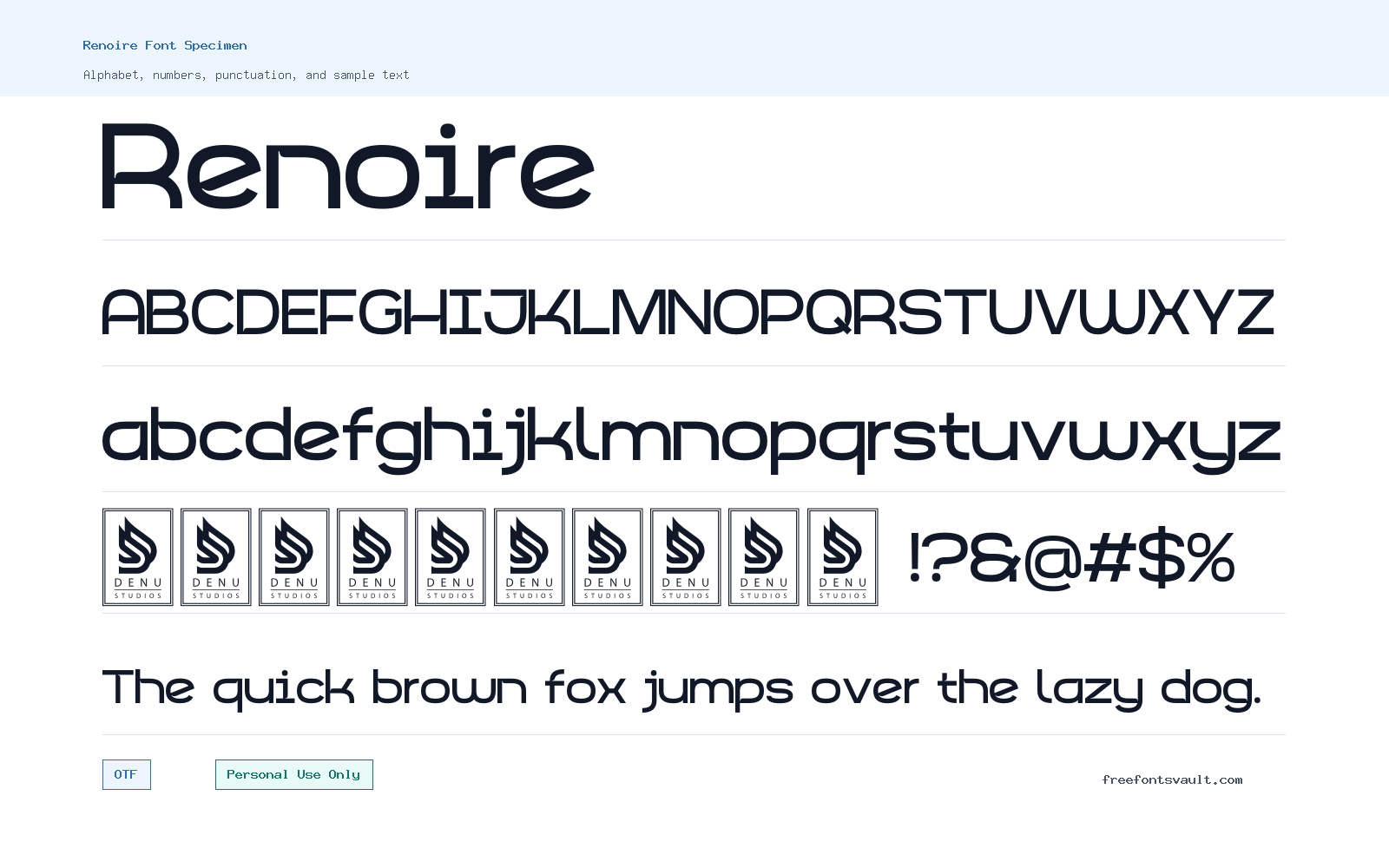 Renoire font specimen showing alphabet, numbers, and sample text