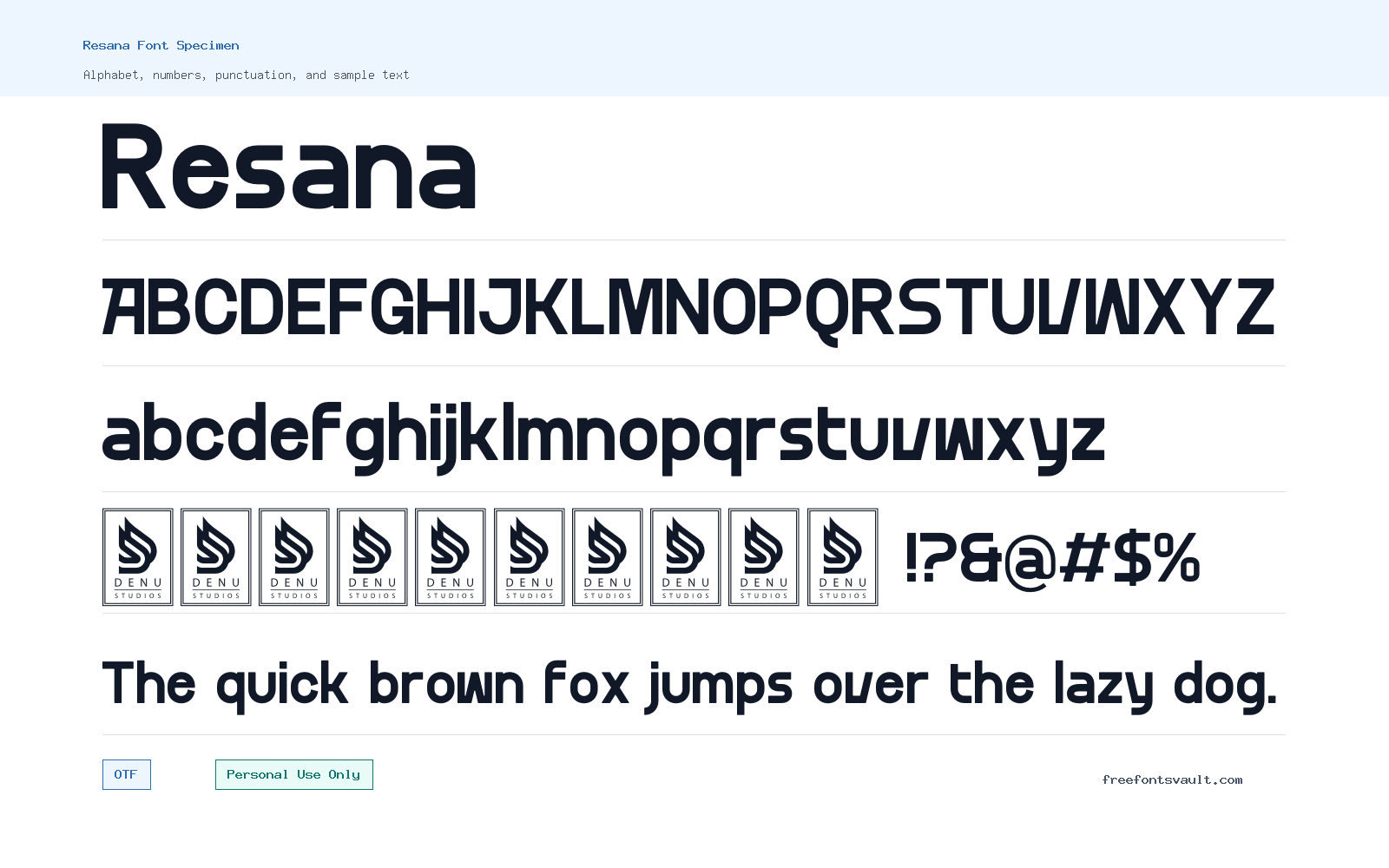 Resana font specimen showing alphabet, numbers, and sample text