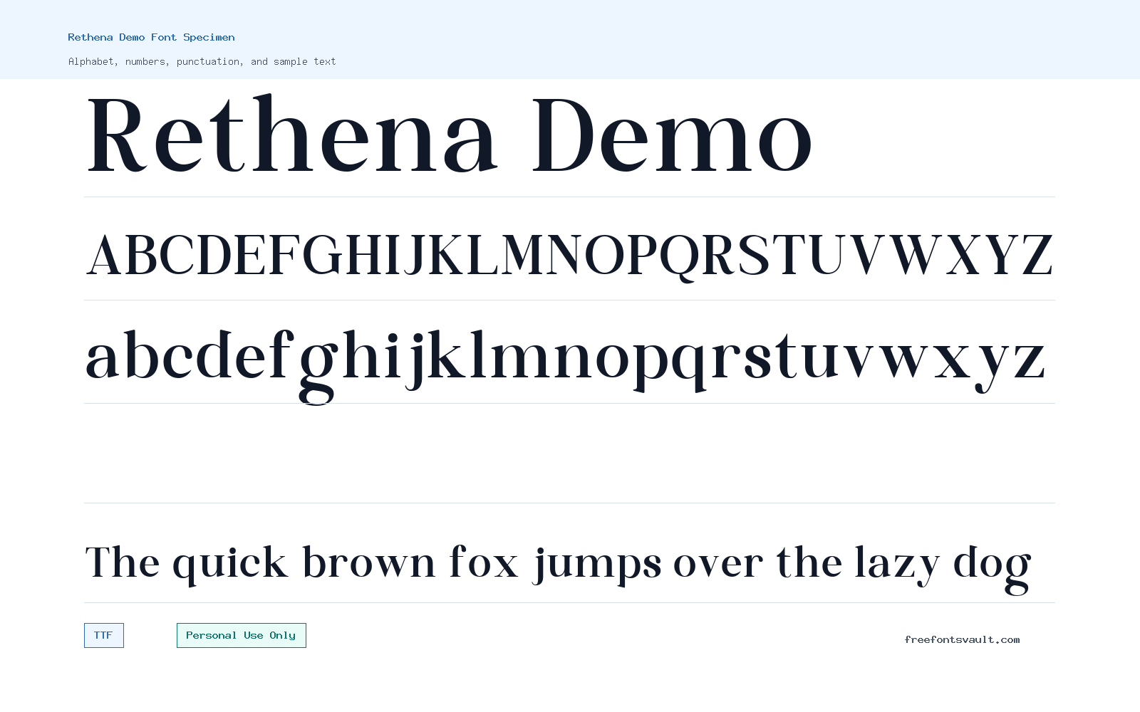 Rethena Demo font specimen showing alphabet, numbers, and sample text