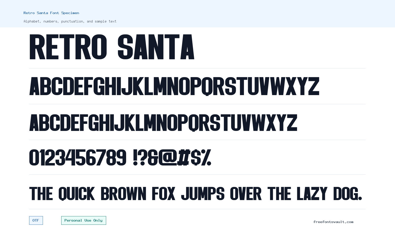 Retro Santa font specimen showing alphabet, numbers, and sample text