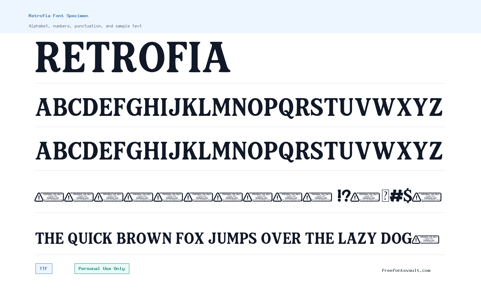 Retrofia font specimen showing alphabet, numbers, and sample text