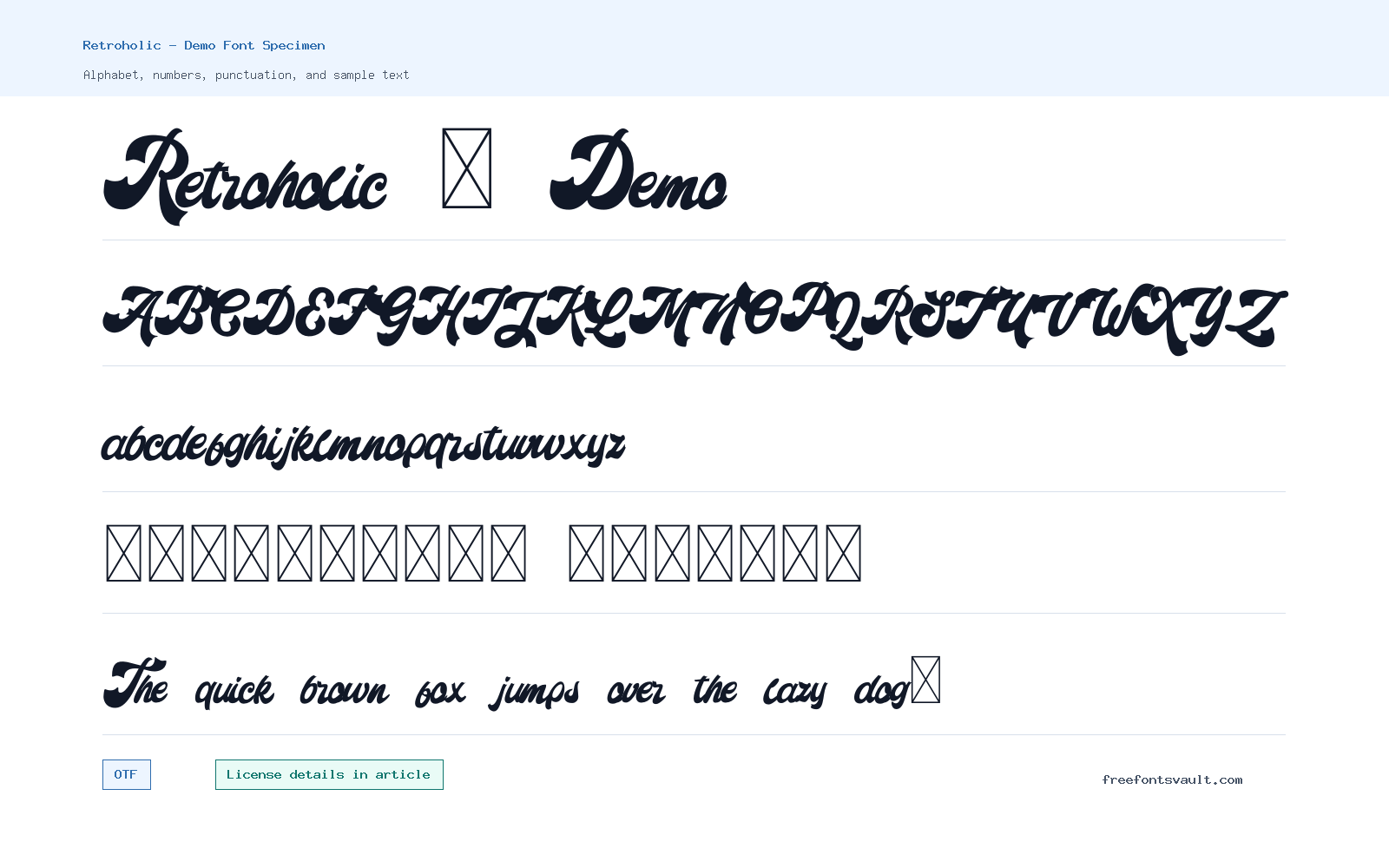 Retroholic - Demo font specimen showing alphabet, numbers, and sample text
