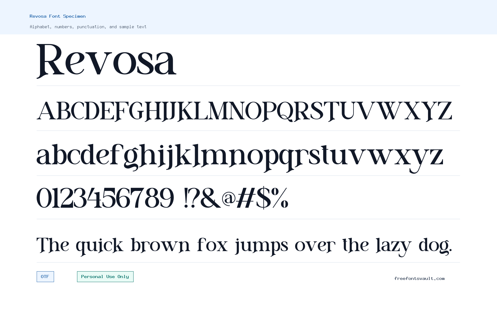 Revosa font specimen showing alphabet, numbers, and sample text
