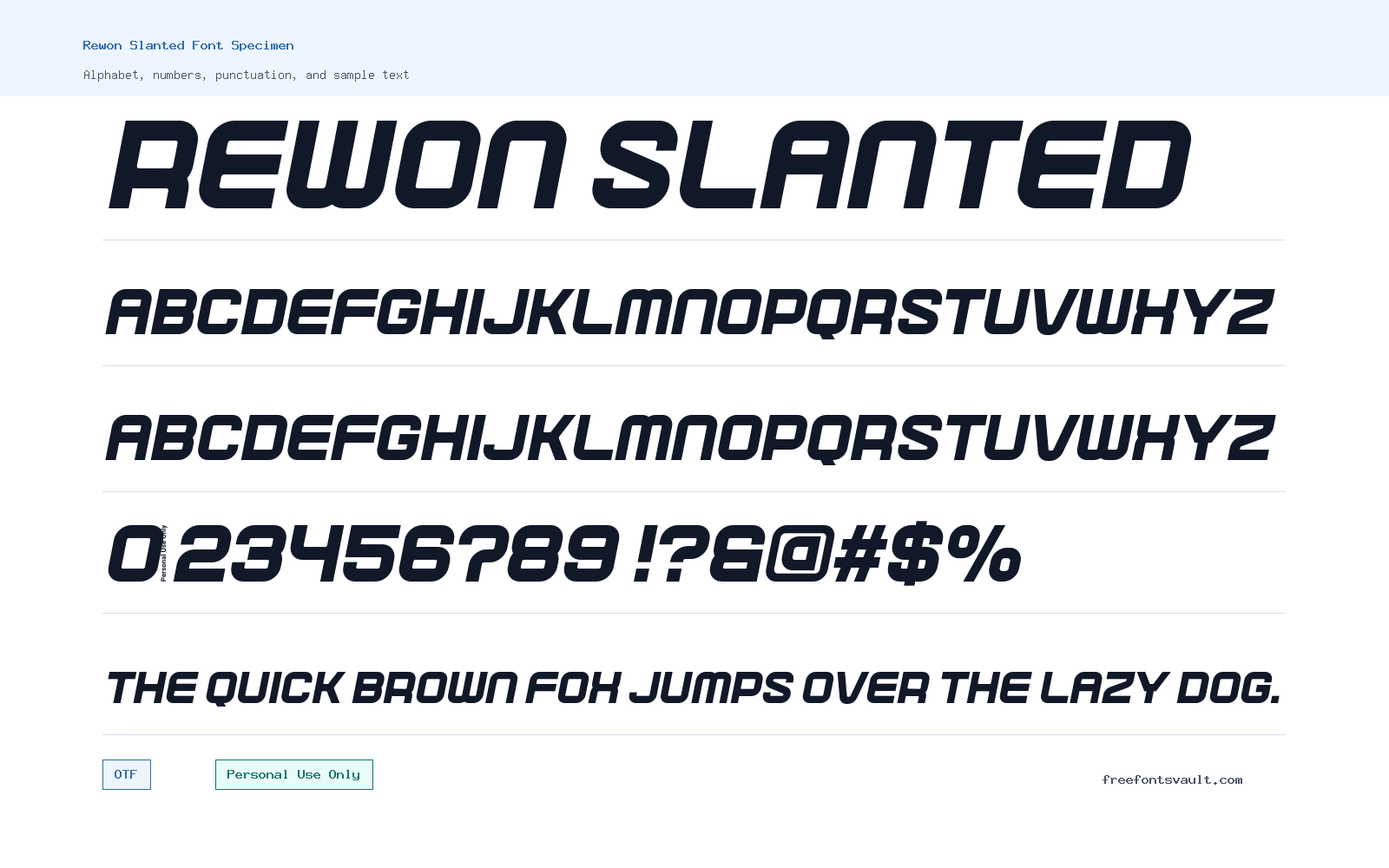 Rewon Slanted font specimen showing alphabet, numbers, and sample text