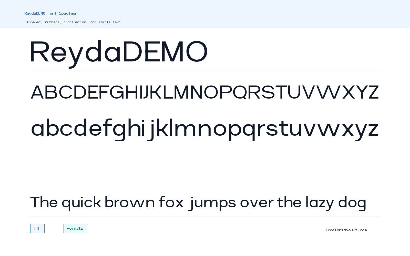 ReydaDEMO font specimen showing alphabet, numbers, and sample text