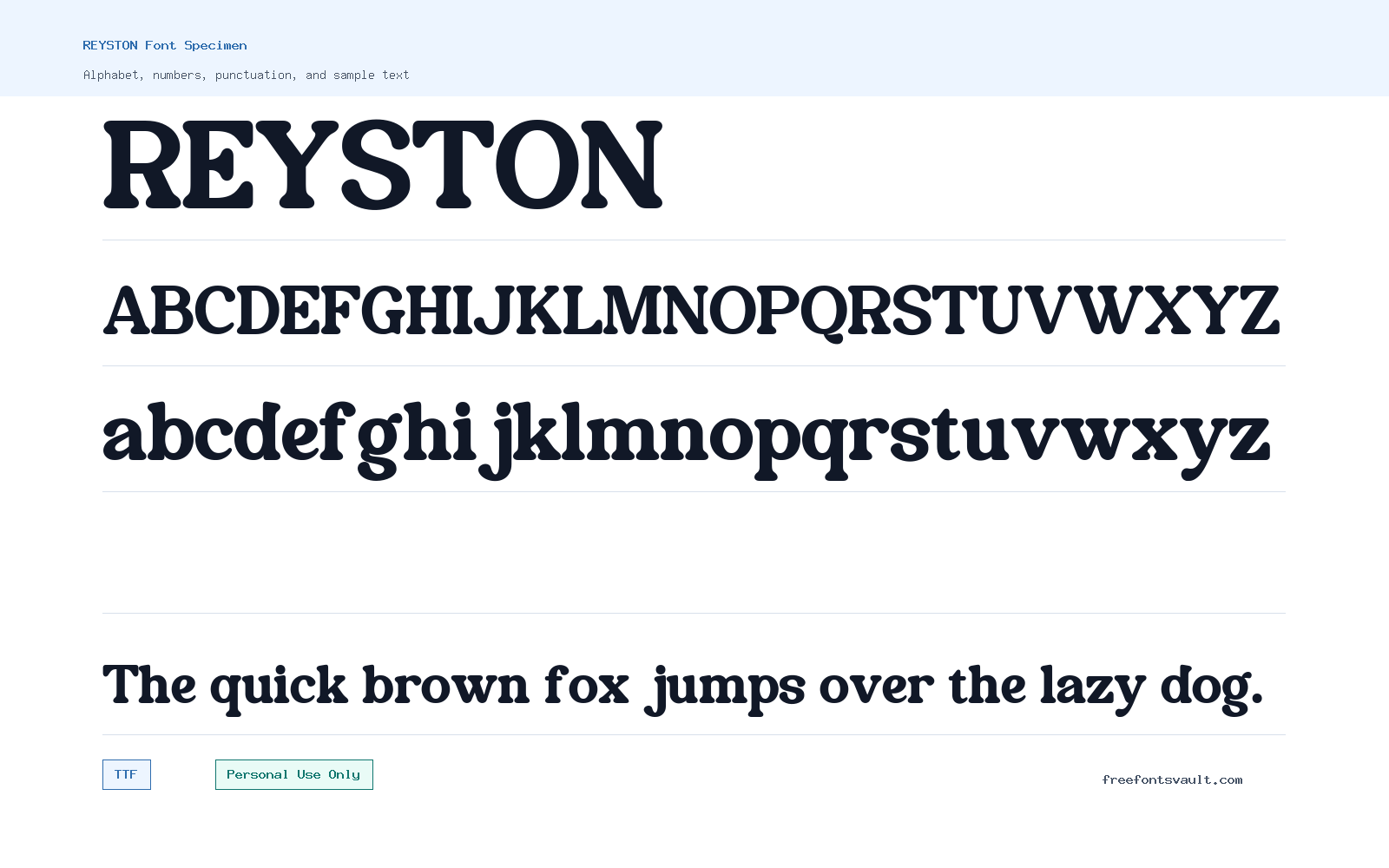 REYSTON font specimen showing alphabet, numbers, and sample text