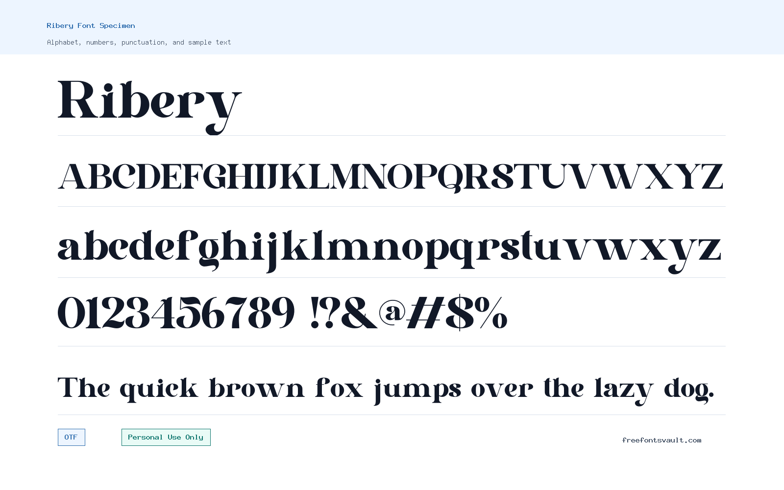 Ribery font specimen showing alphabet, numbers, and sample text
