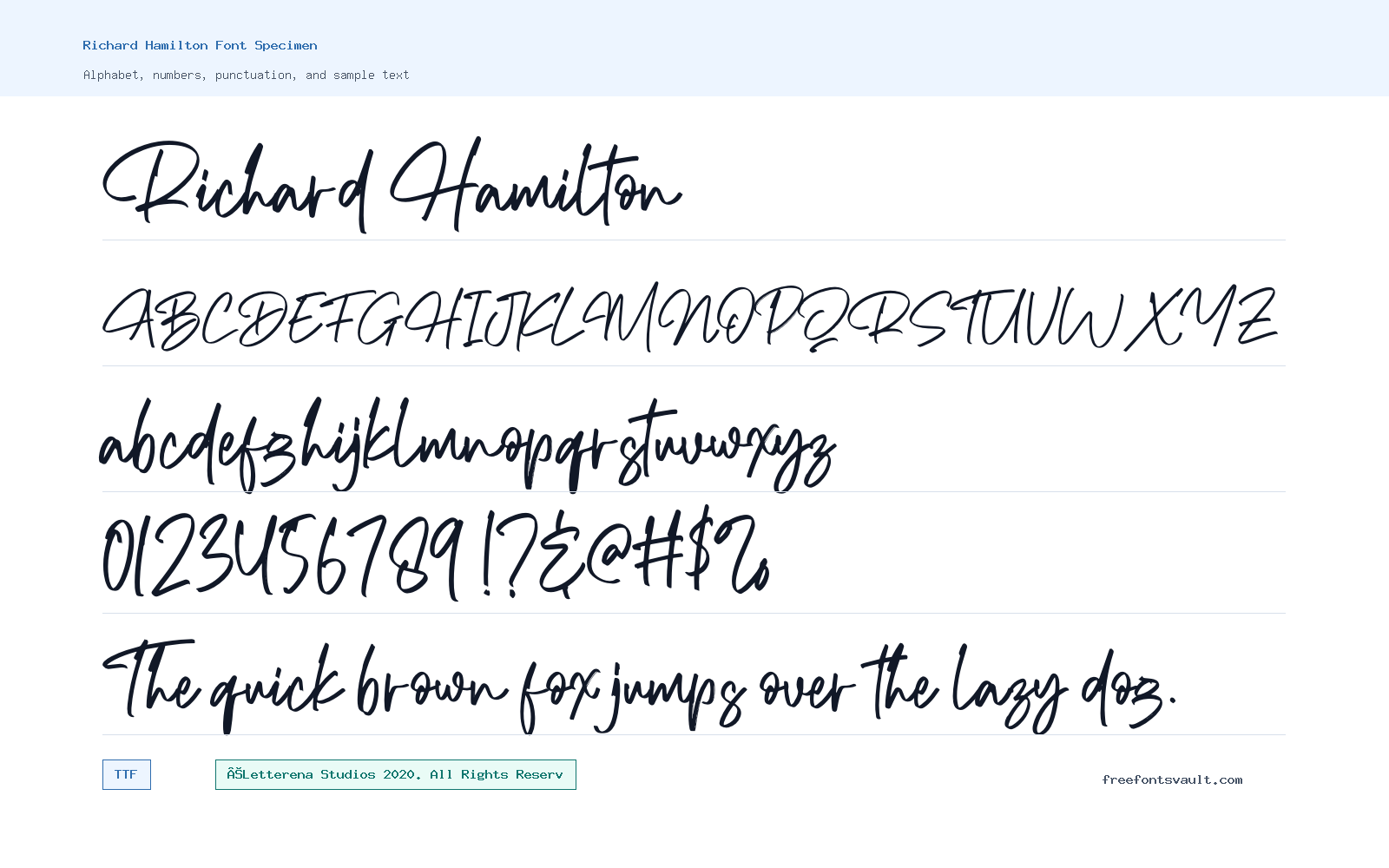 Richard Hamilton font specimen showing alphabet, numbers, and sample text