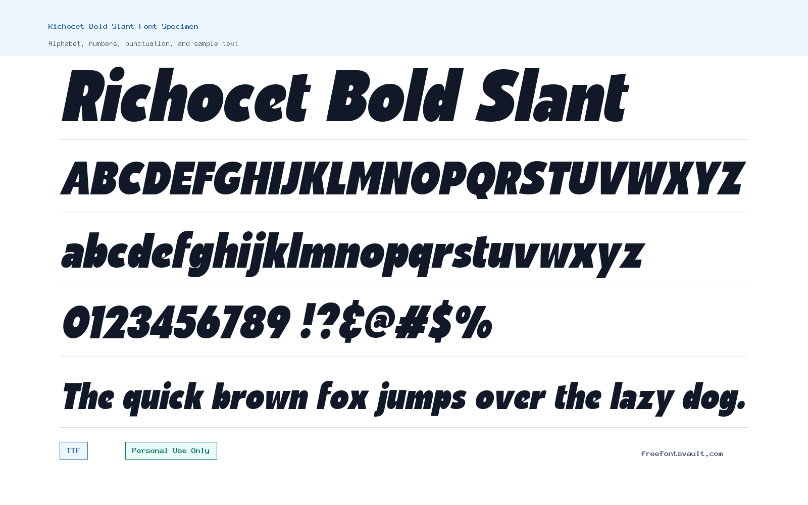 Richocet Bold Slant font specimen showing alphabet, numbers, and sample text