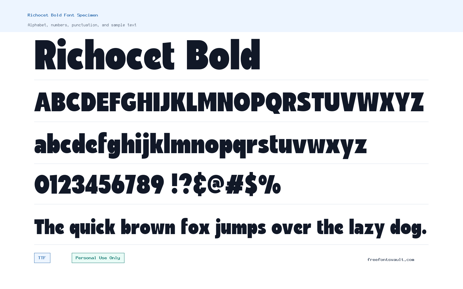 Richocet Bold font specimen showing alphabet, numbers, and sample text