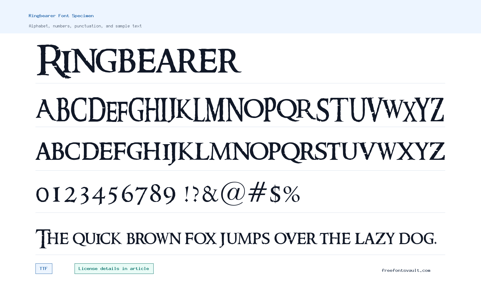 Ringbearer font specimen showing alphabet, numbers, and sample text