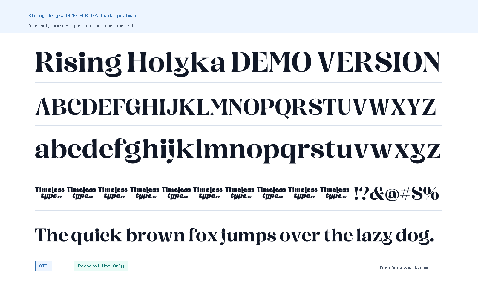 Rising Holyka DEMO VERSION font specimen showing alphabet, numbers, and sample text