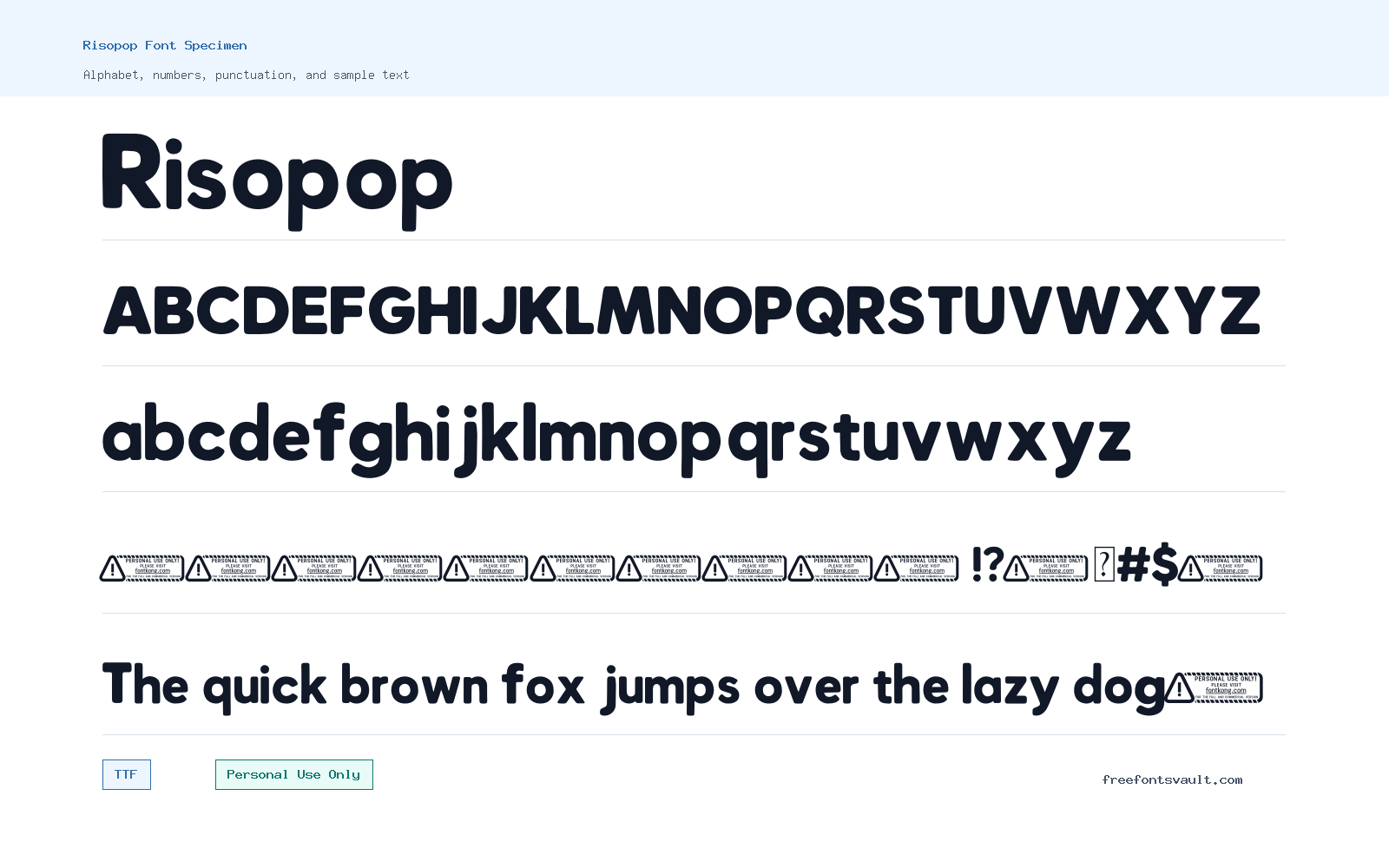 Risopop font specimen showing alphabet, numbers, and sample text