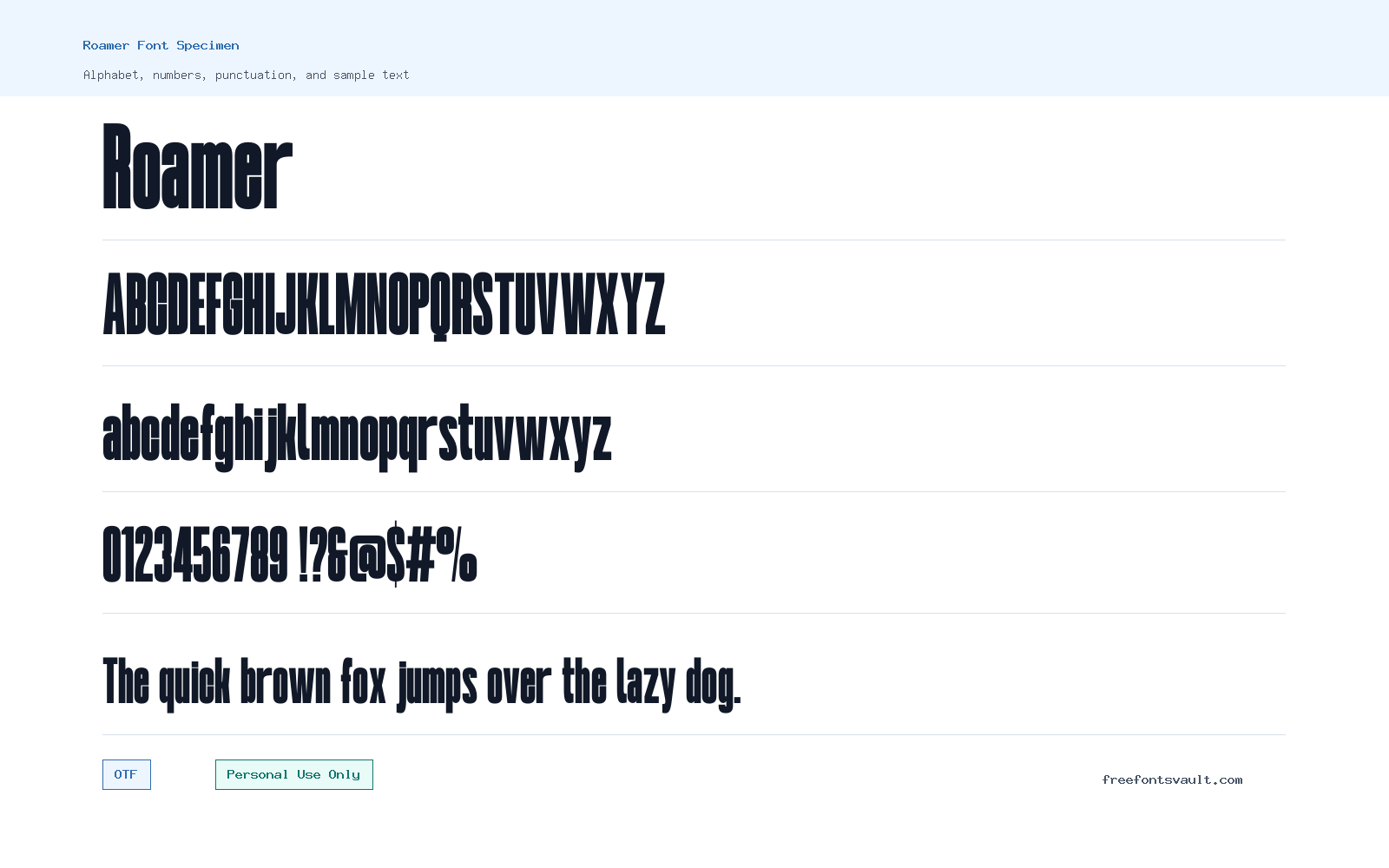 Roamer font specimen showing alphabet, numbers, and sample text