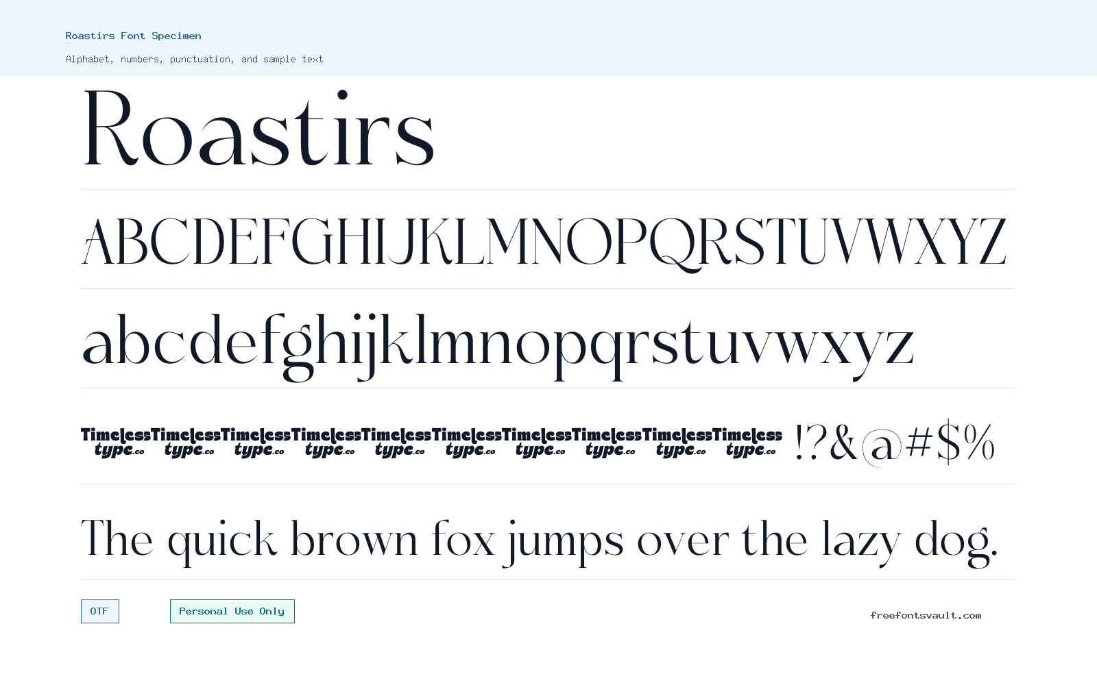 Roastirs font specimen showing alphabet, numbers, and sample text