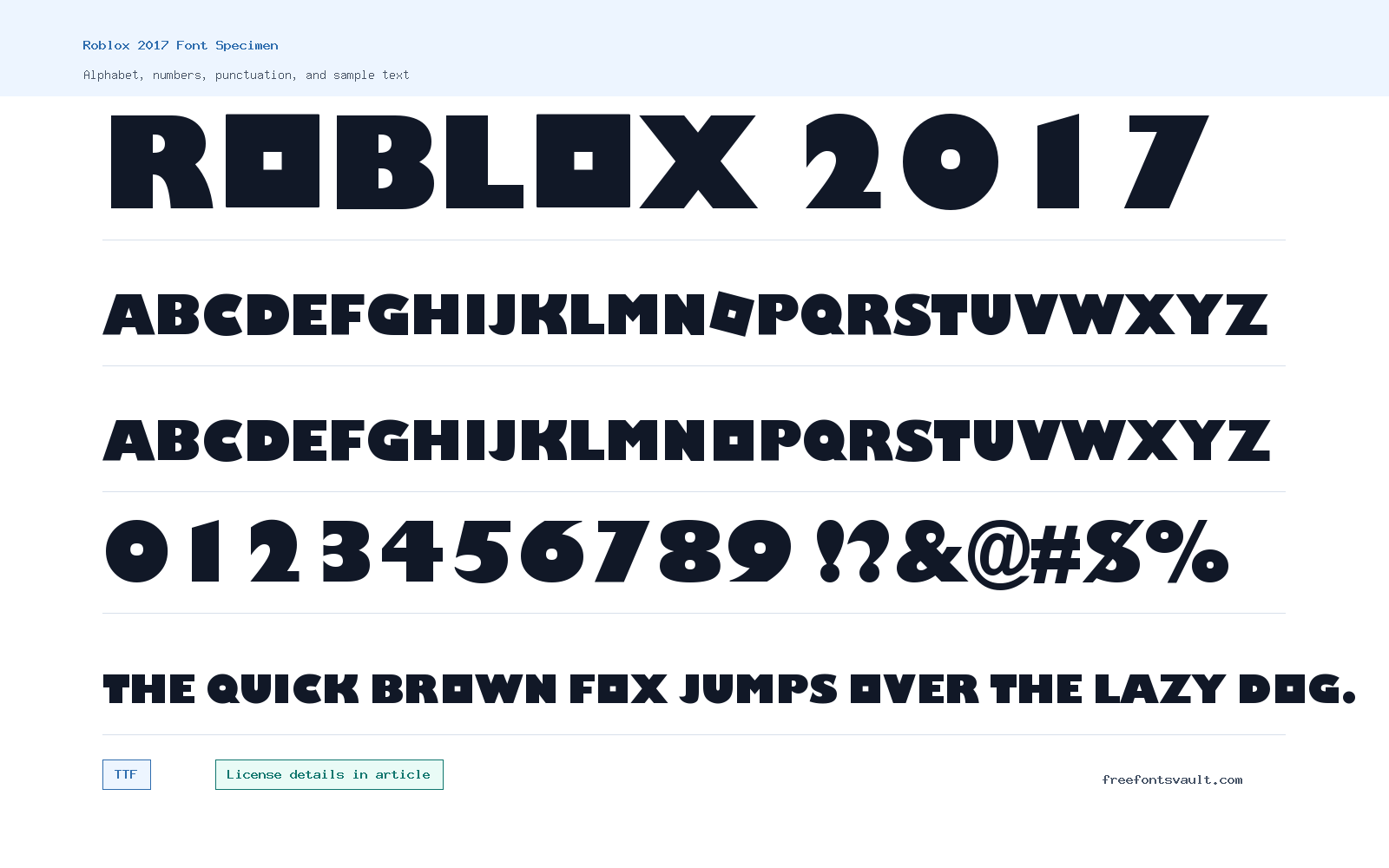 Roblox 2017 font specimen showing alphabet, numbers, and sample text