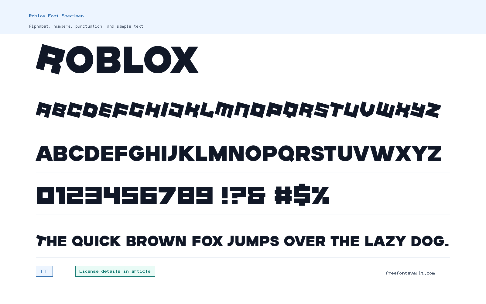 Roblox font specimen showing alphabet, numbers, and sample text