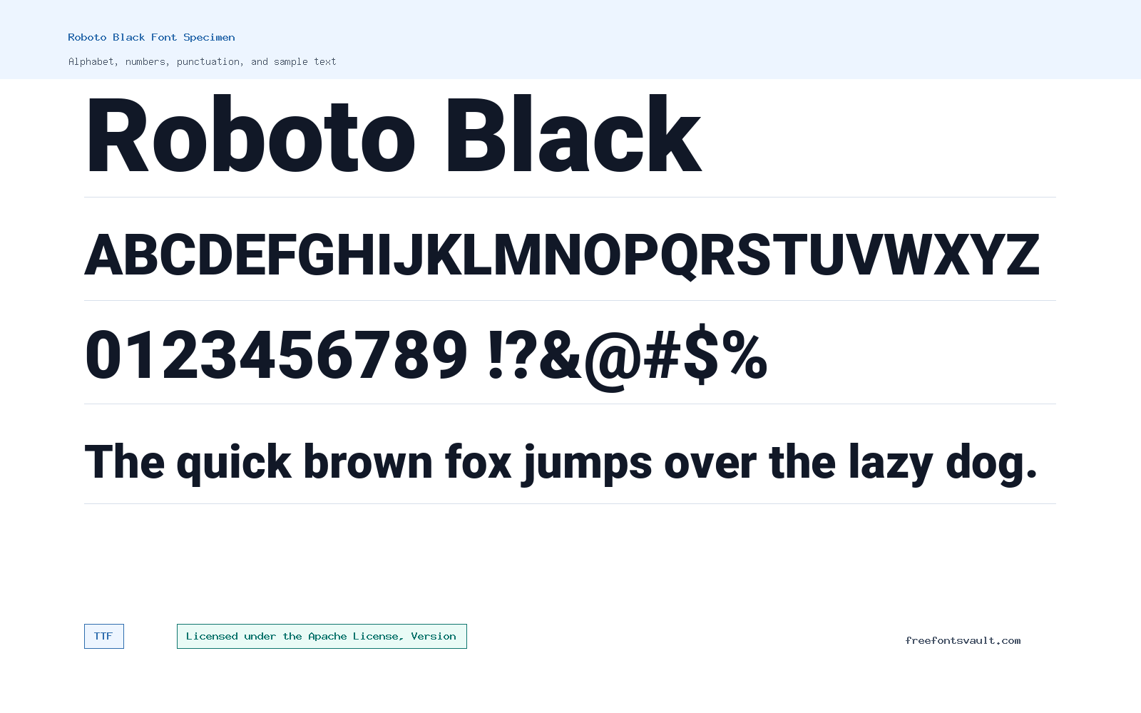 Roboto Black font specimen showing alphabet, numbers, and sample text