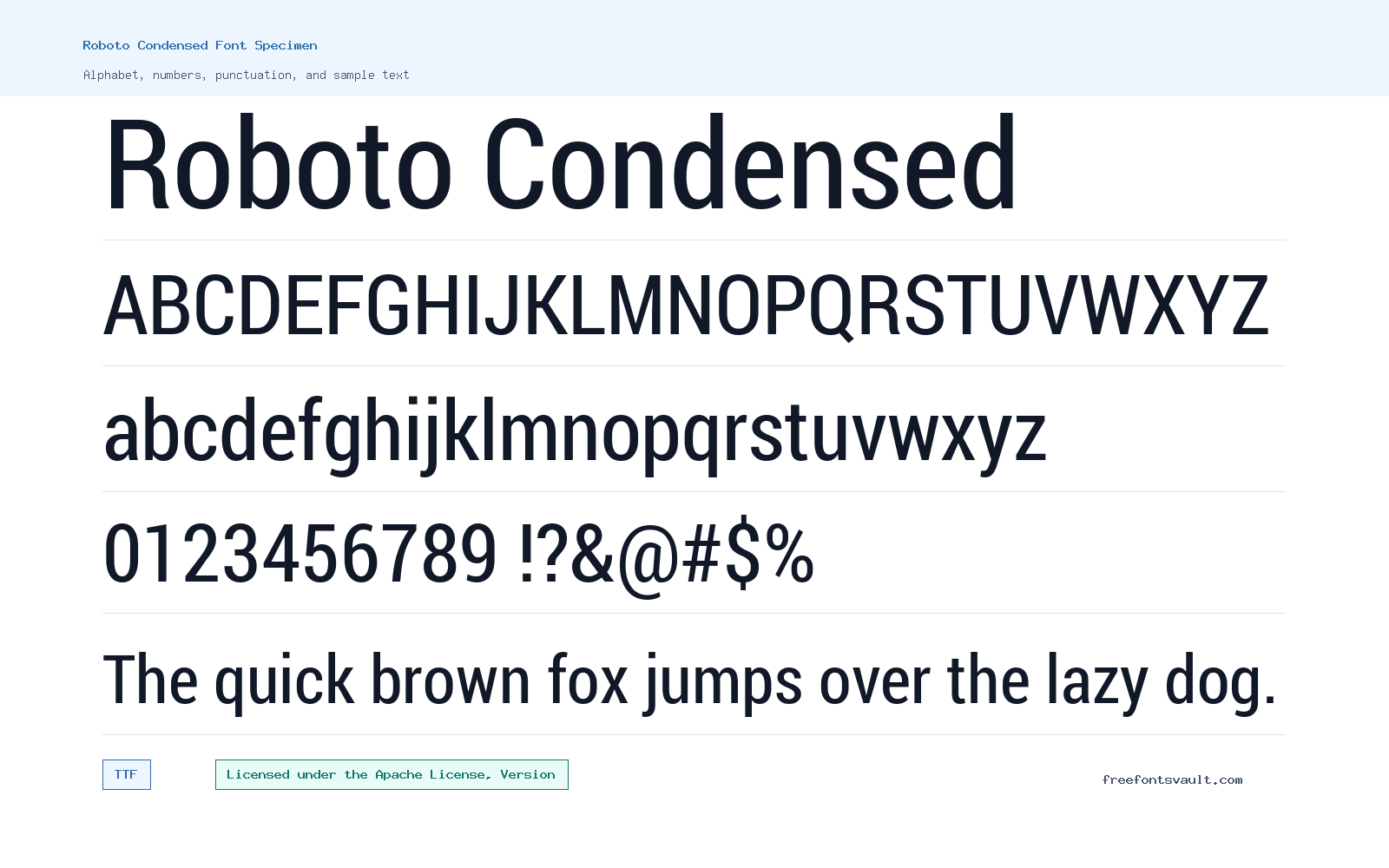Roboto Condensed font specimen showing alphabet, numbers, and sample text