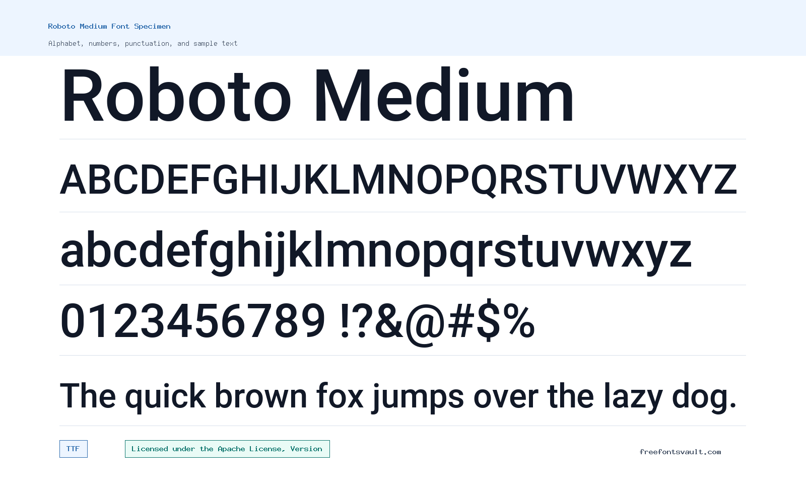 Roboto Medium font specimen showing alphabet, numbers, and sample text