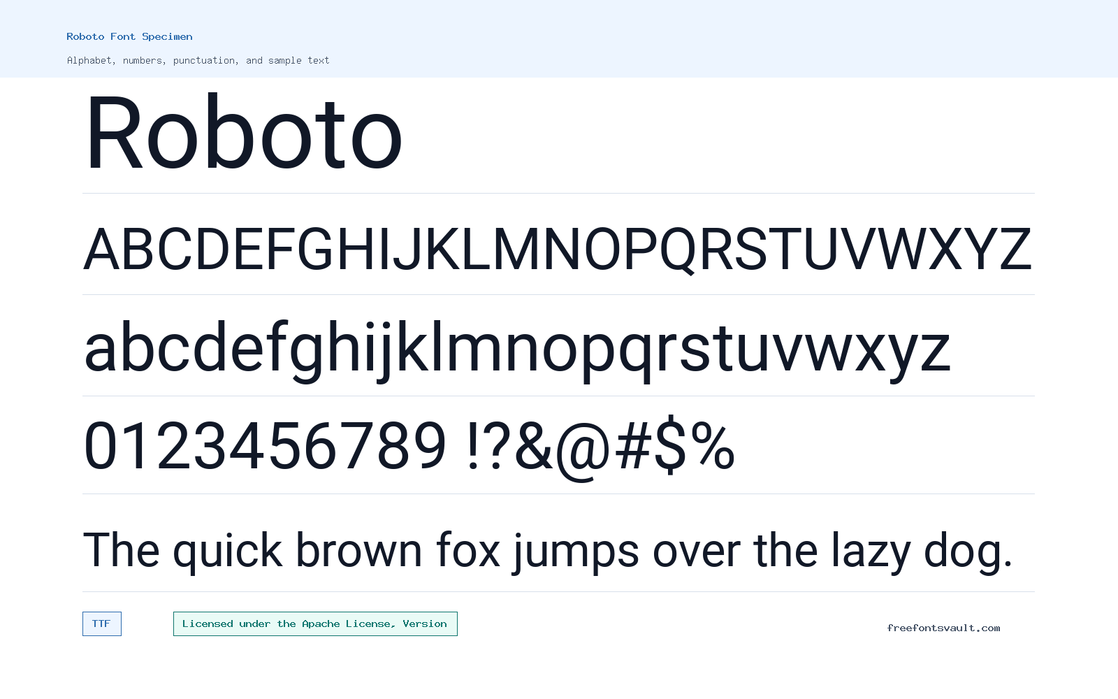 Roboto font specimen showing alphabet, numbers, and sample text