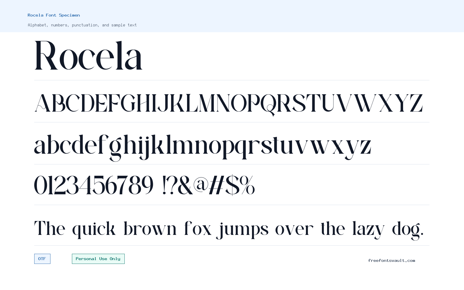 Rocela font specimen showing alphabet, numbers, and sample text