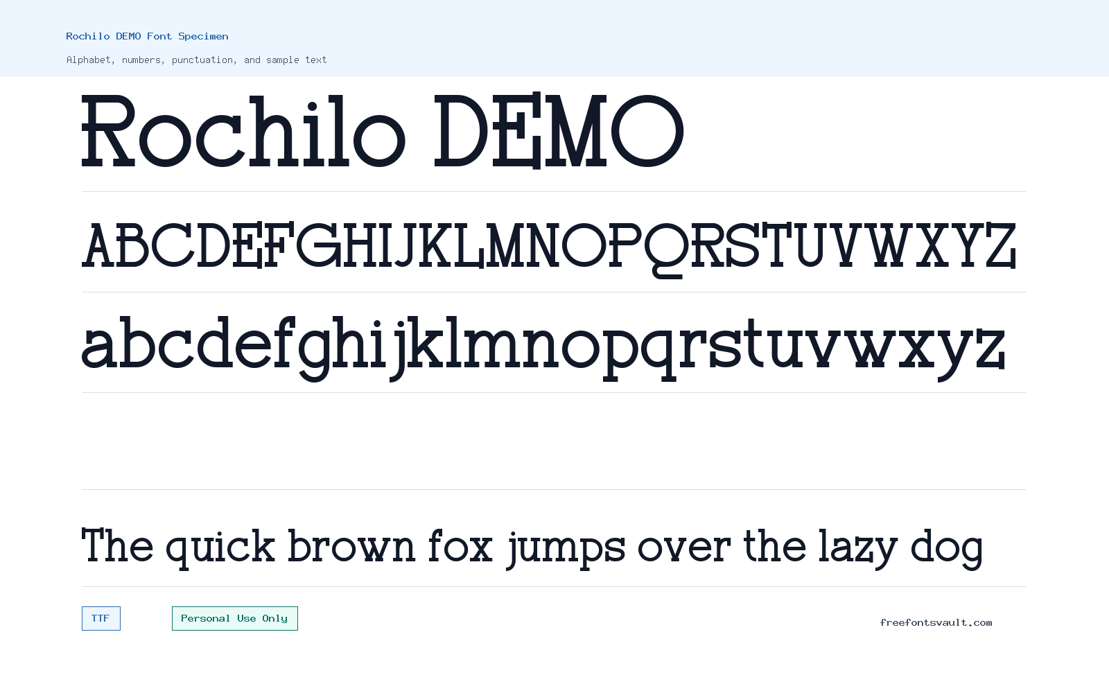 Rochilo DEMO font specimen showing alphabet, numbers, and sample text