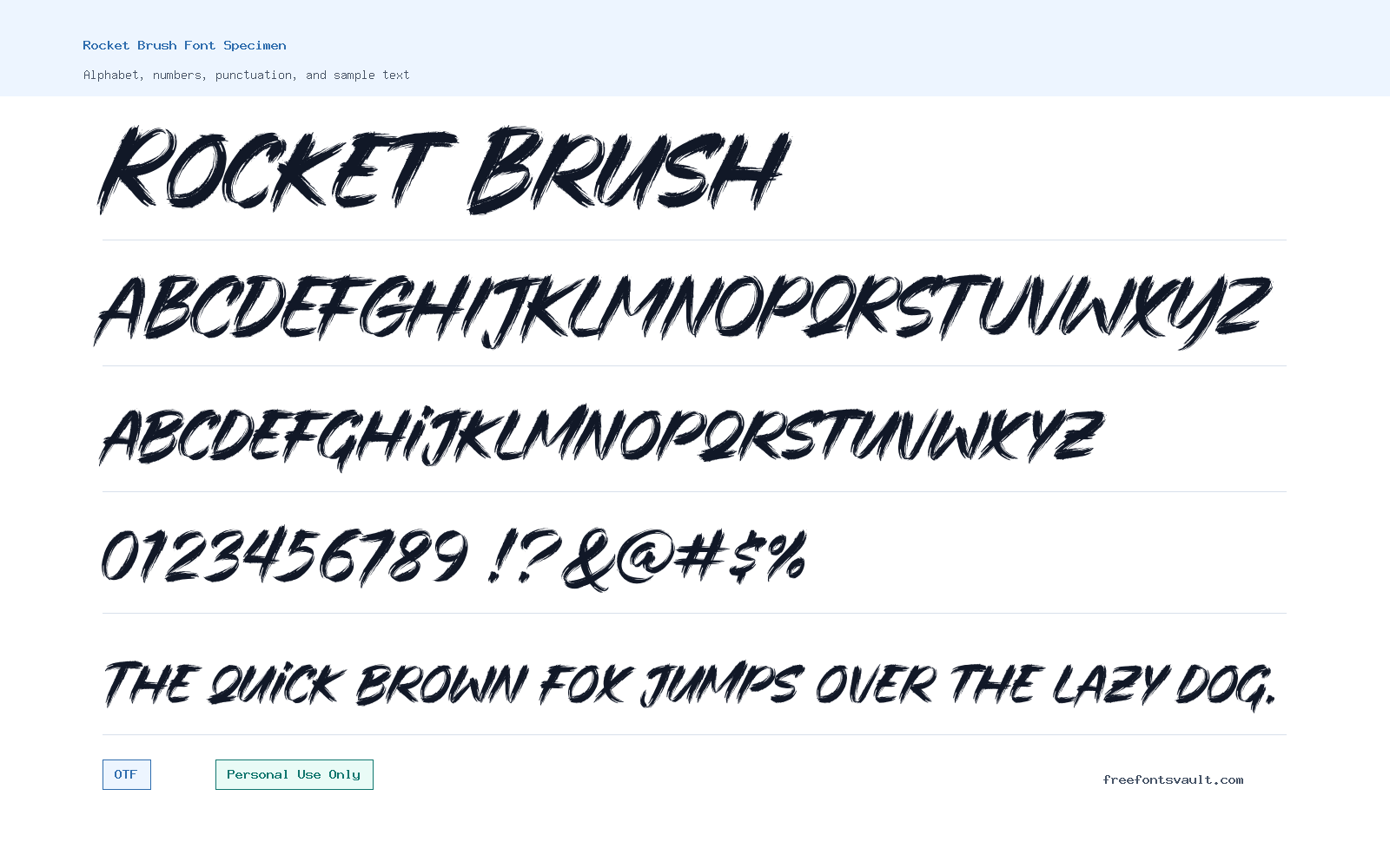 Rocket Brush font specimen showing alphabet, numbers, and sample text
