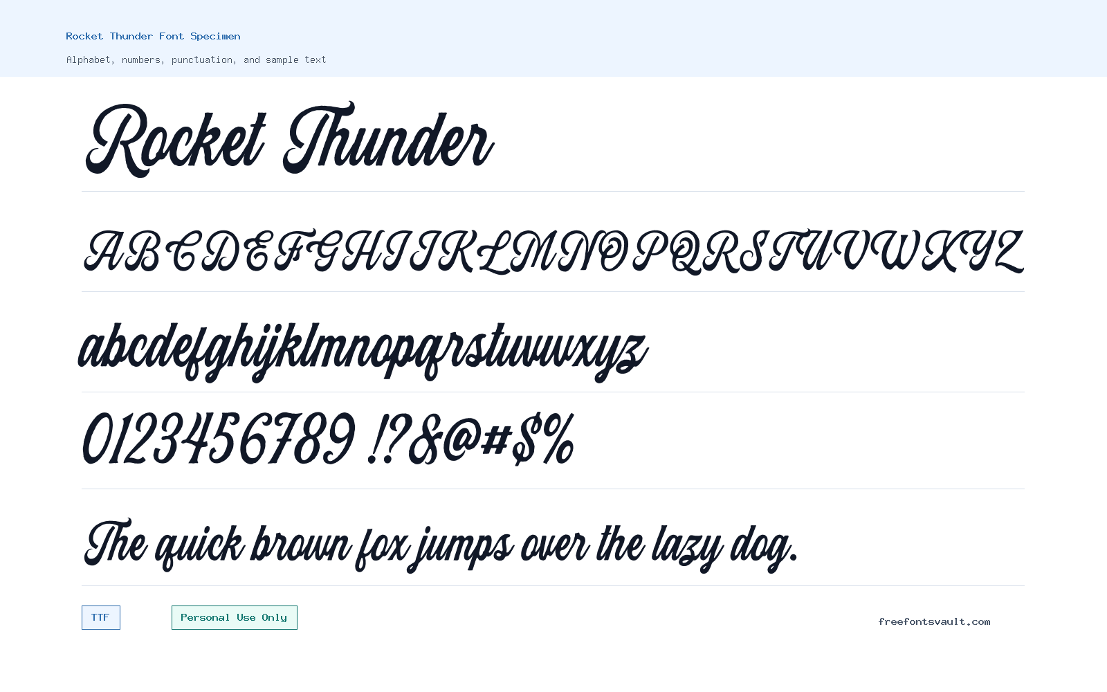 Rocket Thunder font specimen showing alphabet, numbers, and sample text