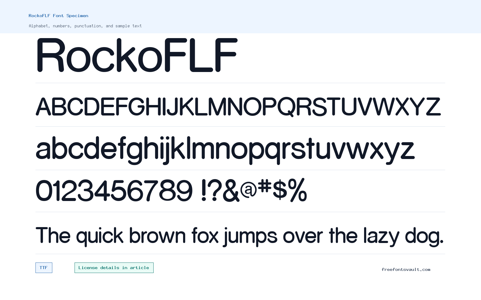 RockoFLF font specimen showing alphabet, numbers, and sample text