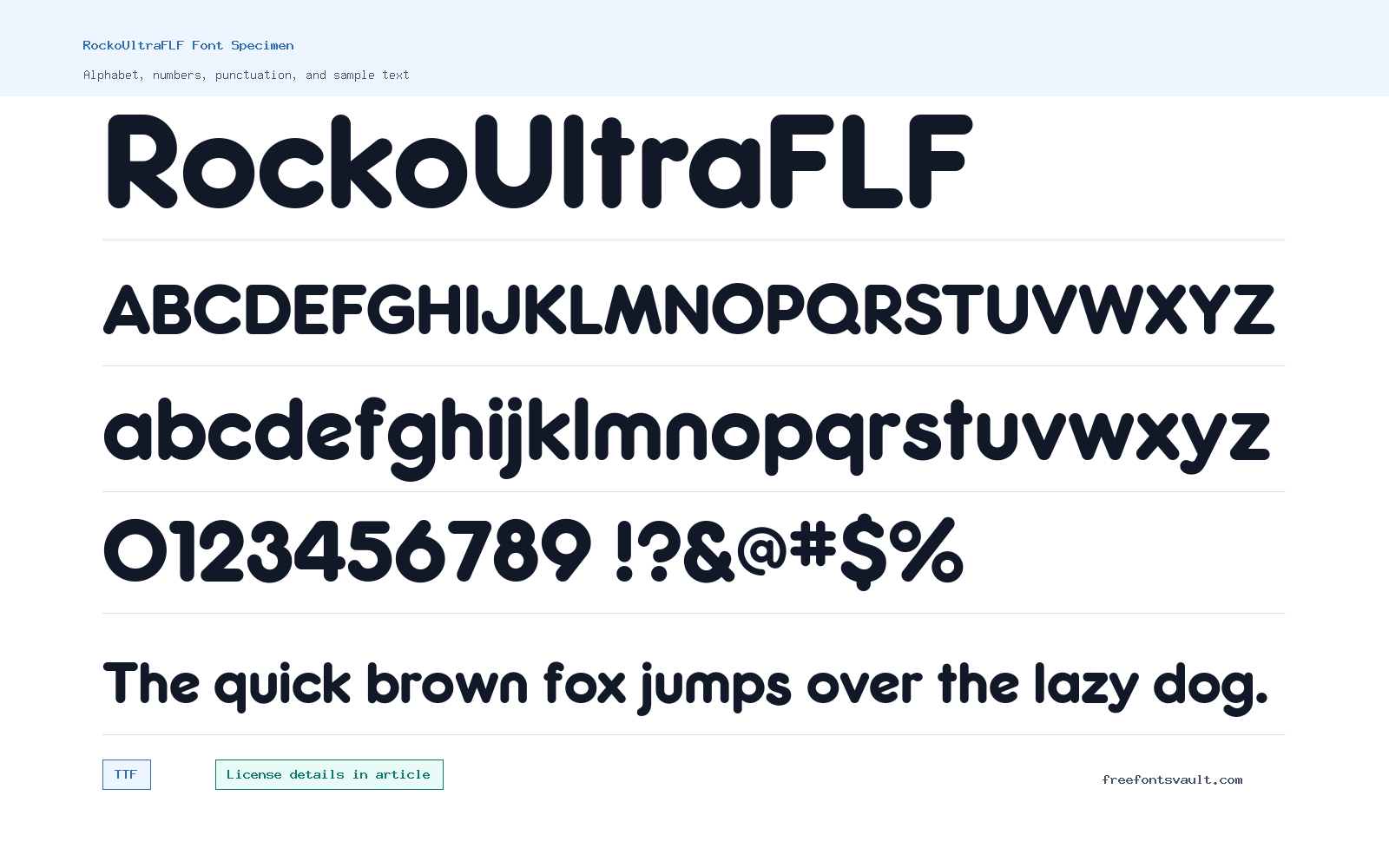 RockoUltraFLF font specimen showing alphabet, numbers, and sample text
