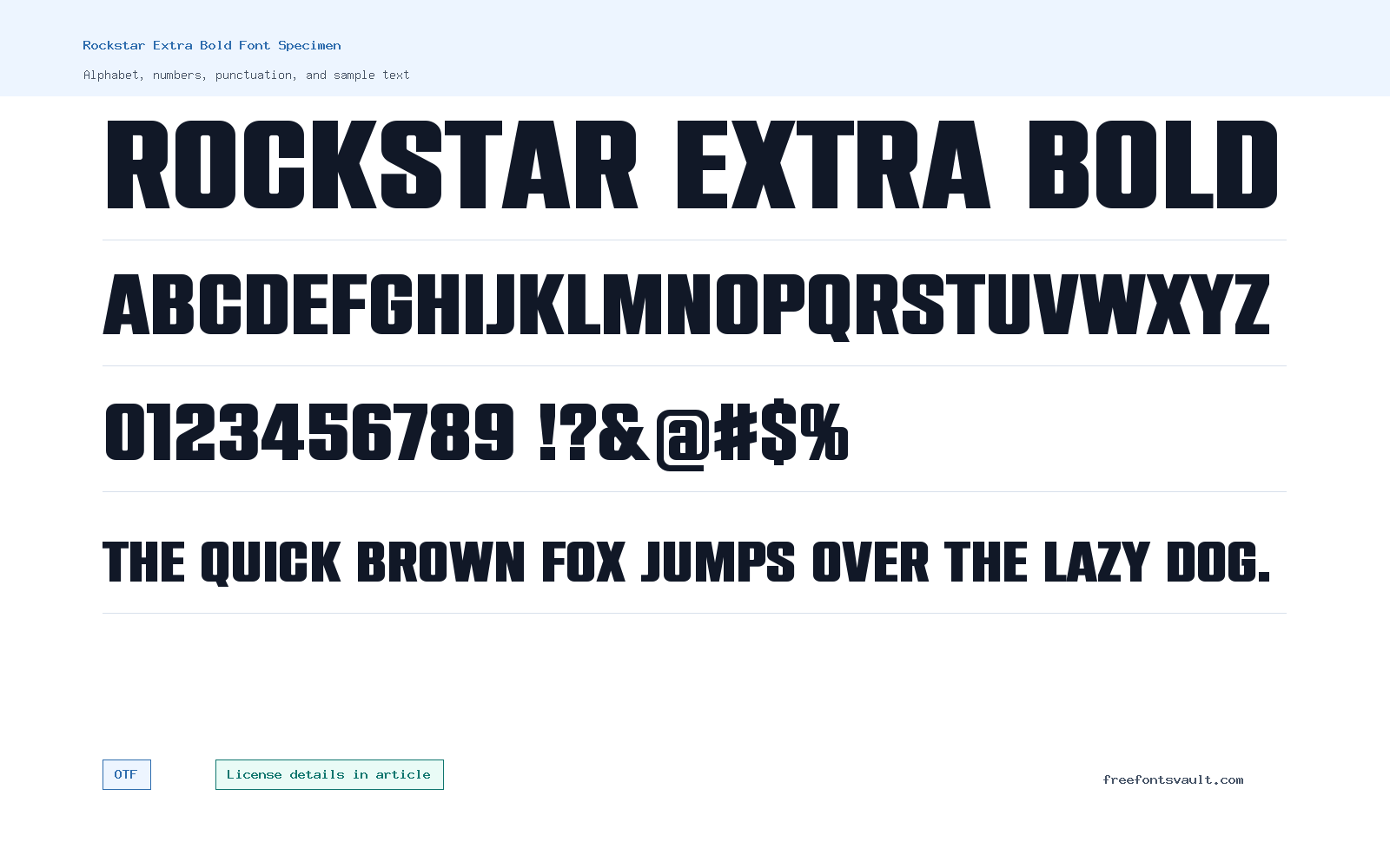 Rockstar Extra Bold font specimen showing alphabet, numbers, and sample text