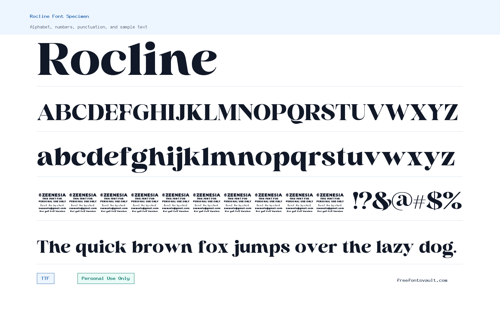 Rocline font specimen showing alphabet, numbers, and sample text