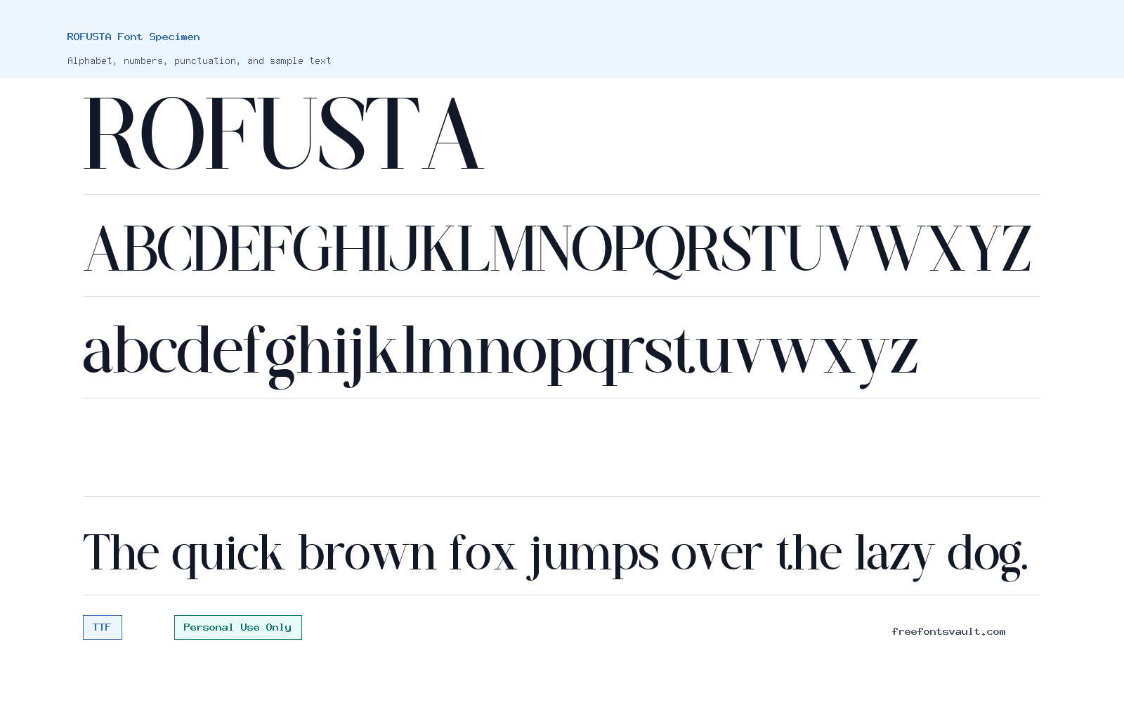 ROFUSTA font specimen showing alphabet, numbers, and sample text