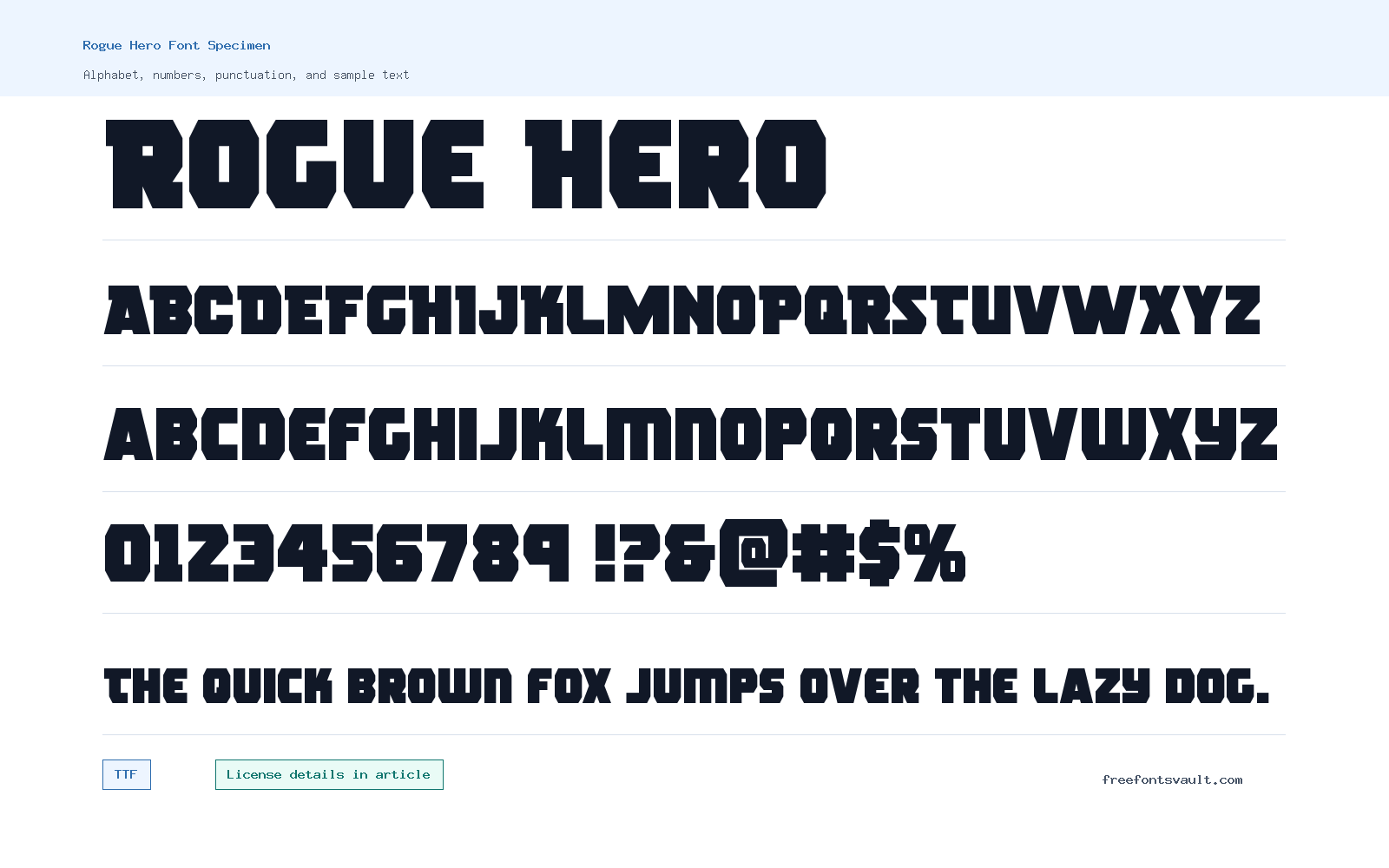 Rogue Hero font specimen showing alphabet, numbers, and sample text