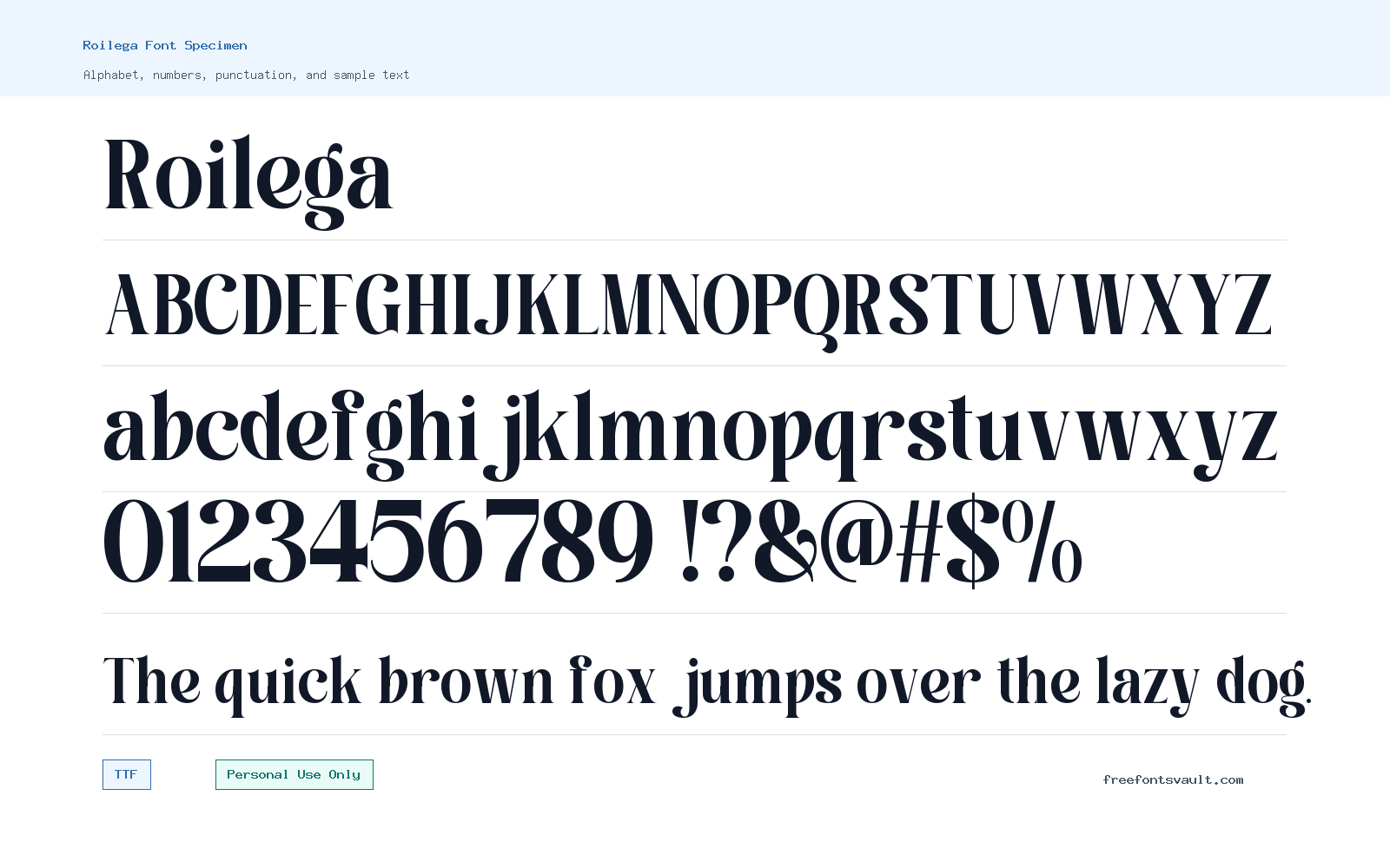 Roilega font specimen showing alphabet, numbers, and sample text