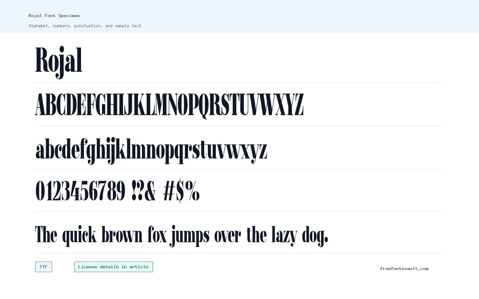 Rojal font specimen showing alphabet, numbers, and sample text
