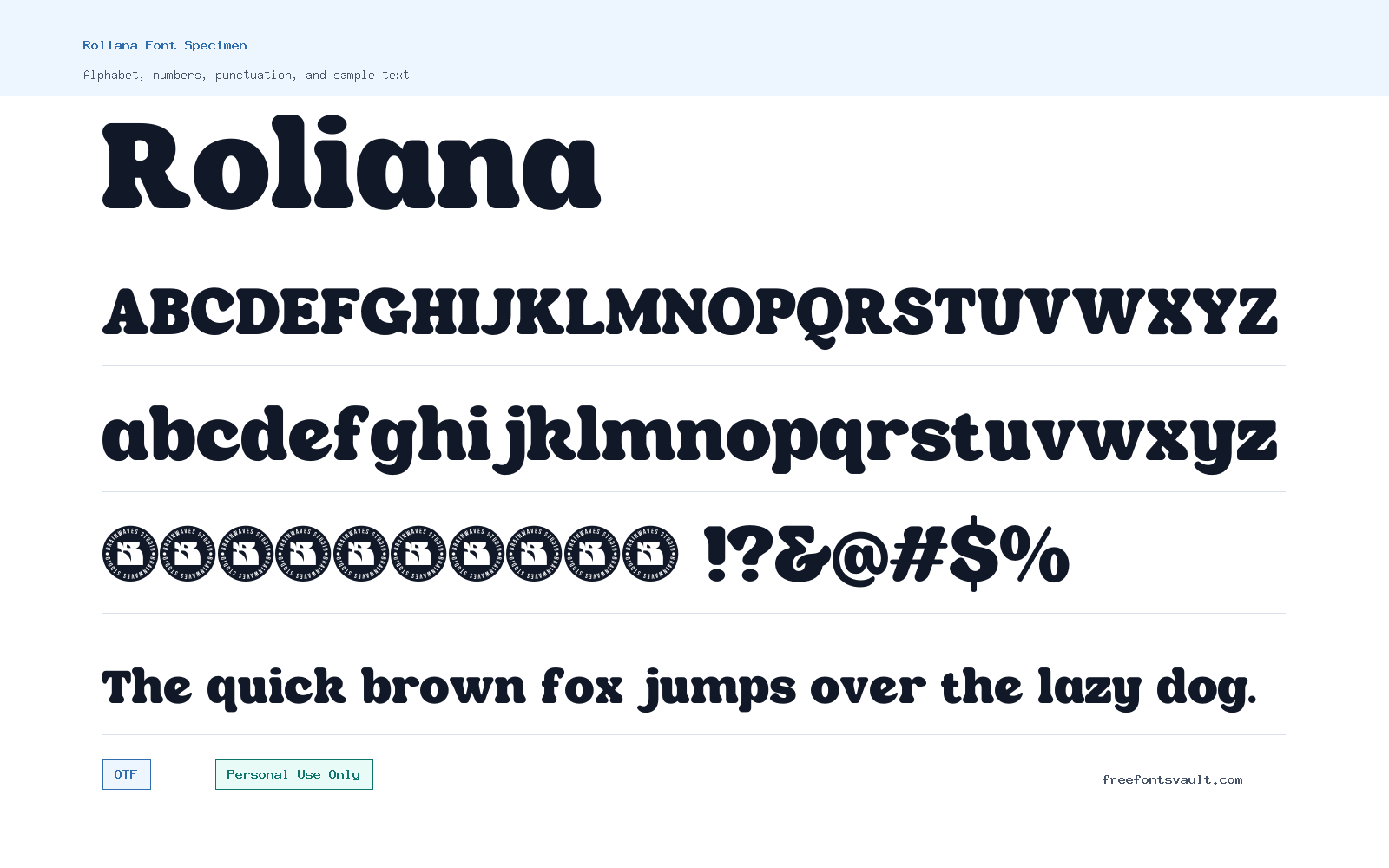Roliana font specimen showing alphabet, numbers, and sample text