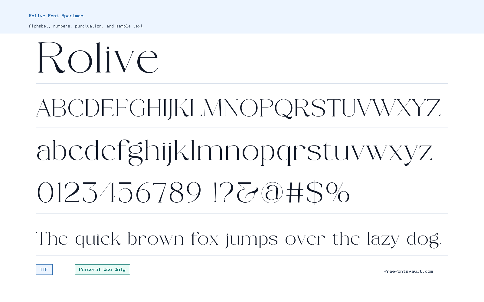 Rolive font specimen showing alphabet, numbers, and sample text